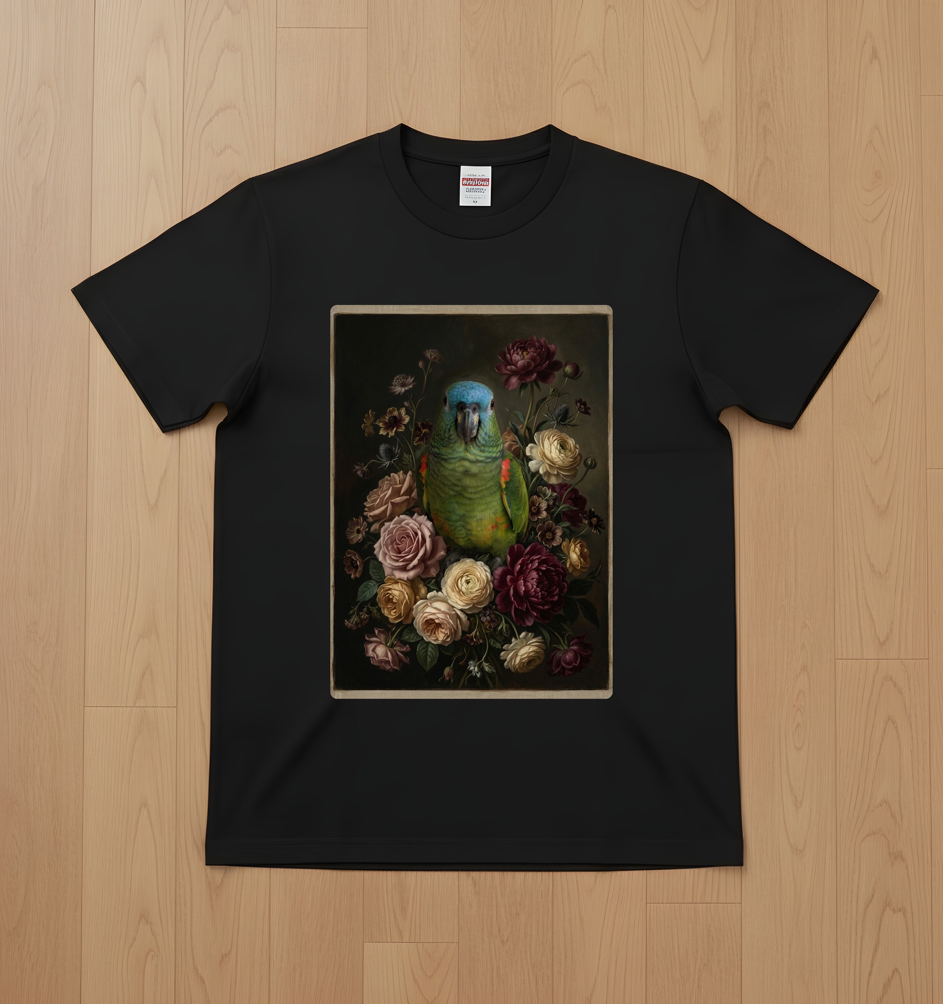 アオボウシインコの花の油絵風アート花柄Tシャツ(ブラック)