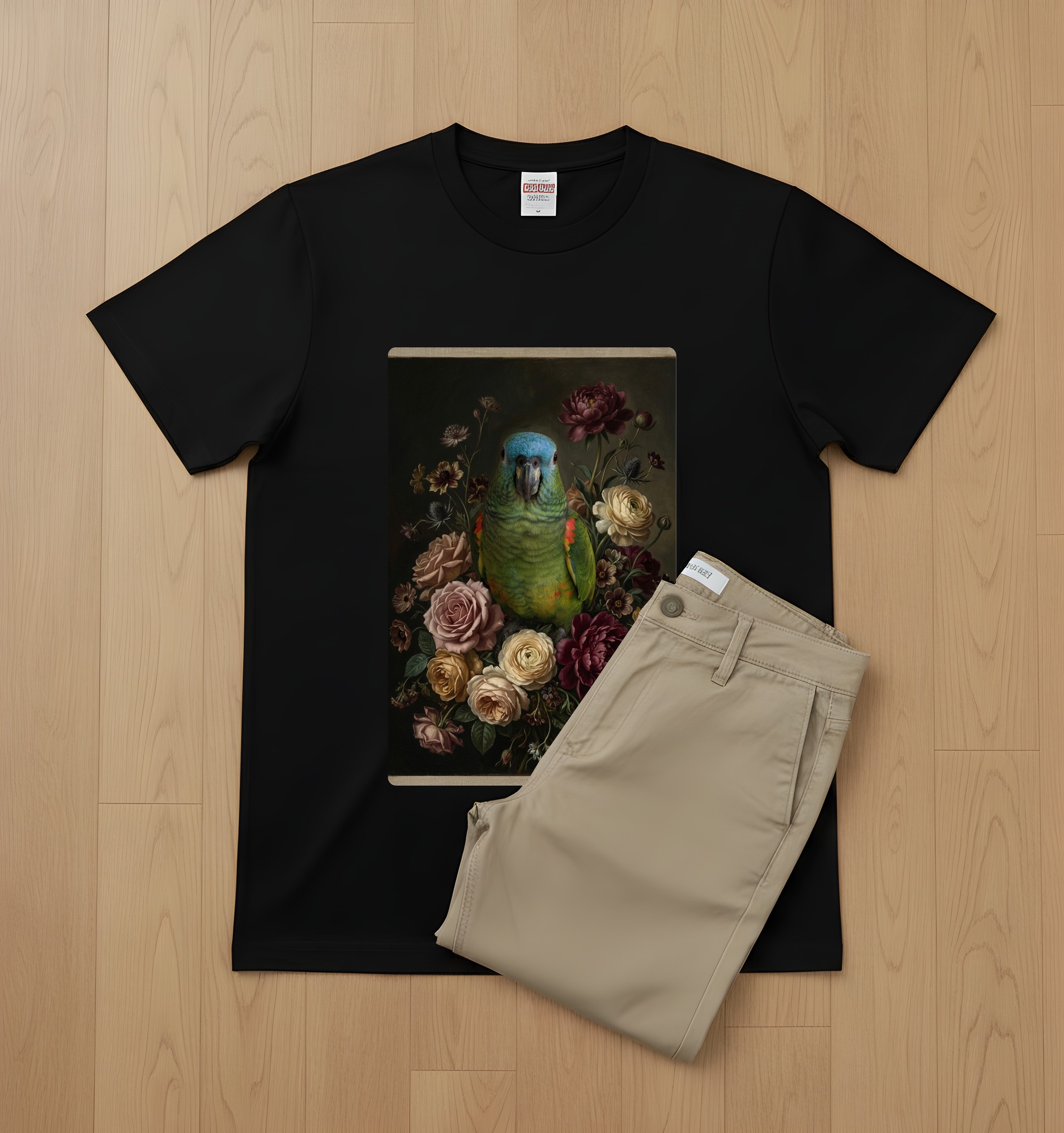 アオボウシインコの花の油絵風アート花柄Tシャツ(ブラック)(2枚目)