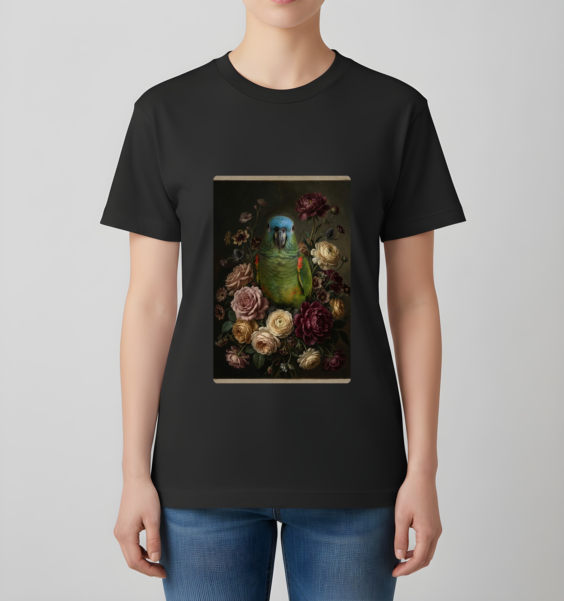 アオボウシインコの花の油絵風アート花柄Tシャツ(ブラック)(4枚目)