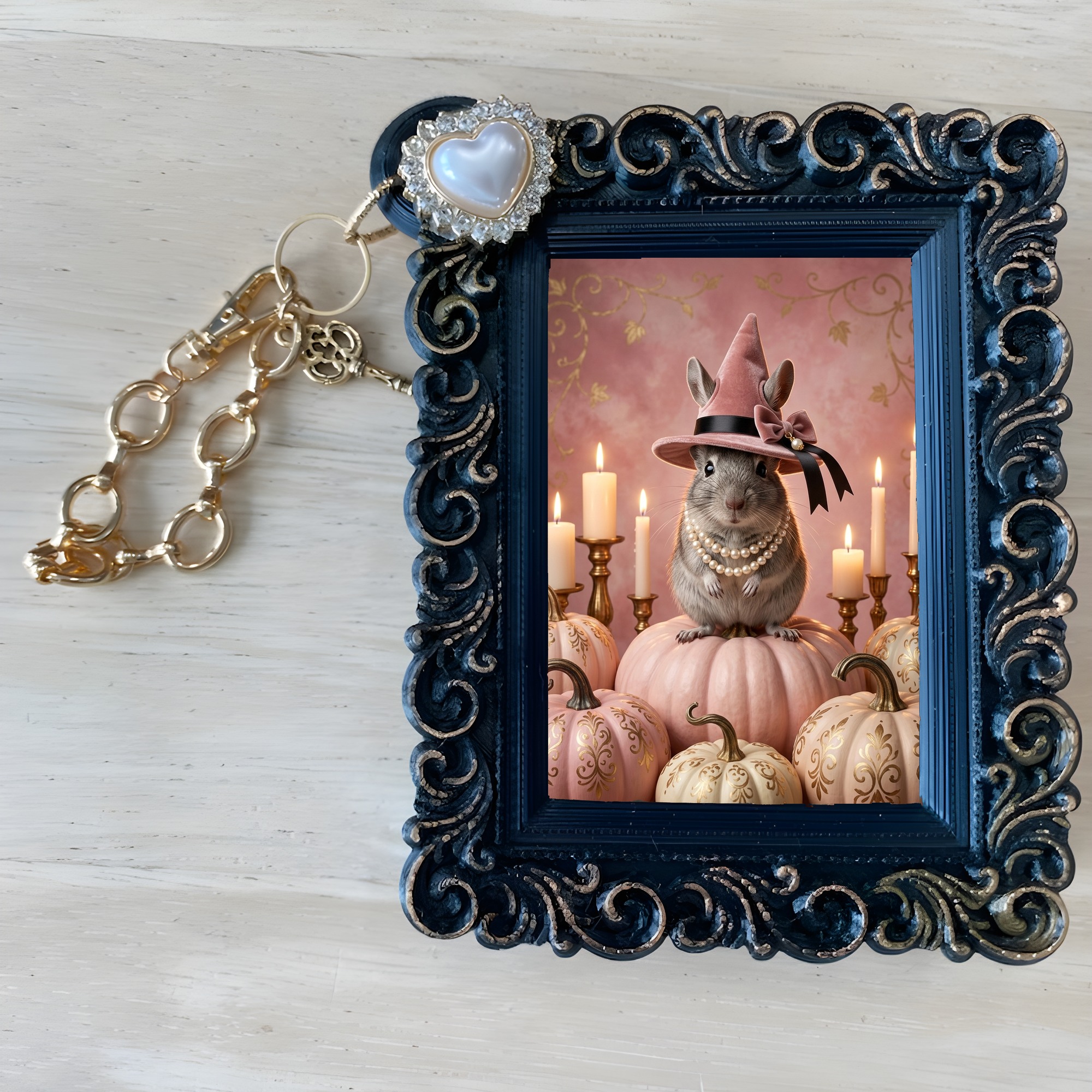デグーのかぼちゃとキャンドルの油絵風アートハロウィンバッグチャーム(ブラック)(4枚目)