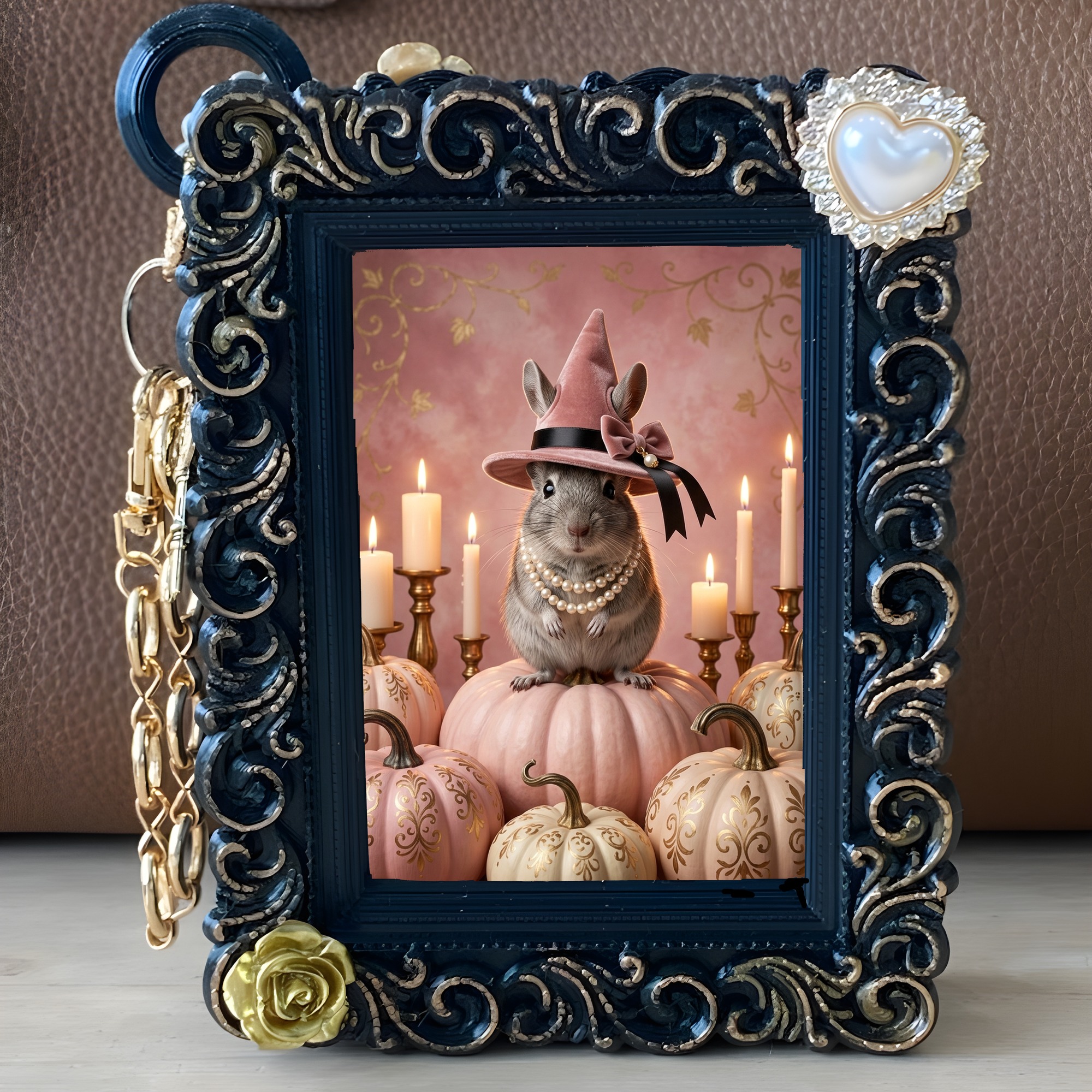 デグーのかぼちゃとキャンドルの油絵風アートハロウィンバッグチャーム(ブラック)(5枚目)