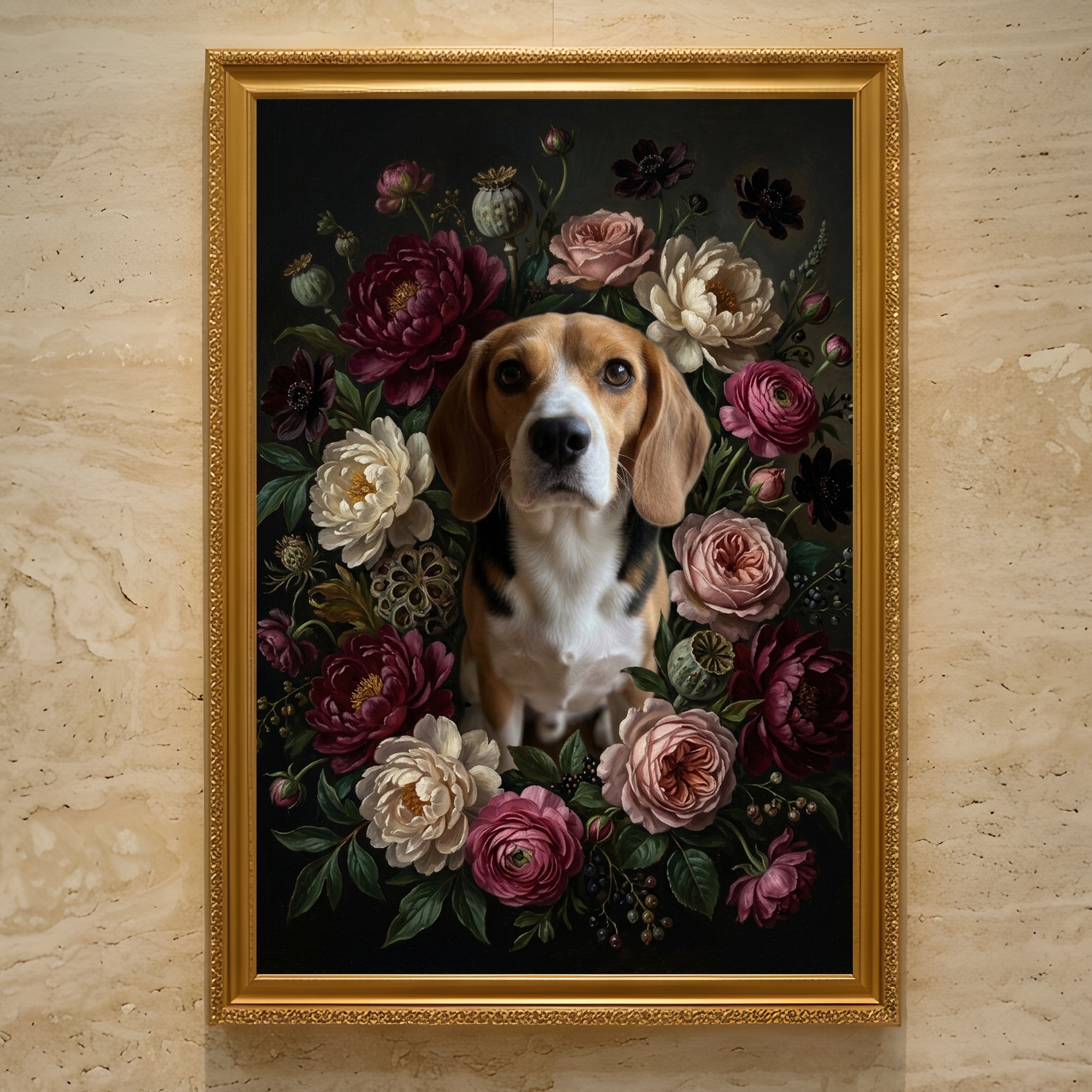 ビーグルの花の油絵風アート花柄額装プリント(A3サイズ)