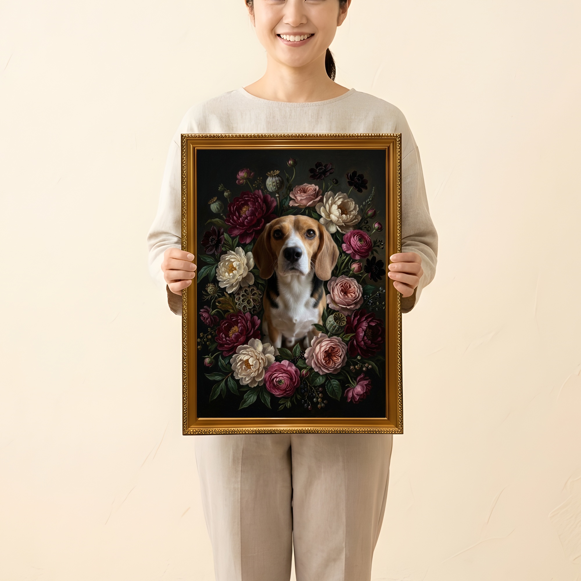 ビーグルの花の油絵風アート花柄額装プリント(A3サイズ)(2枚目)