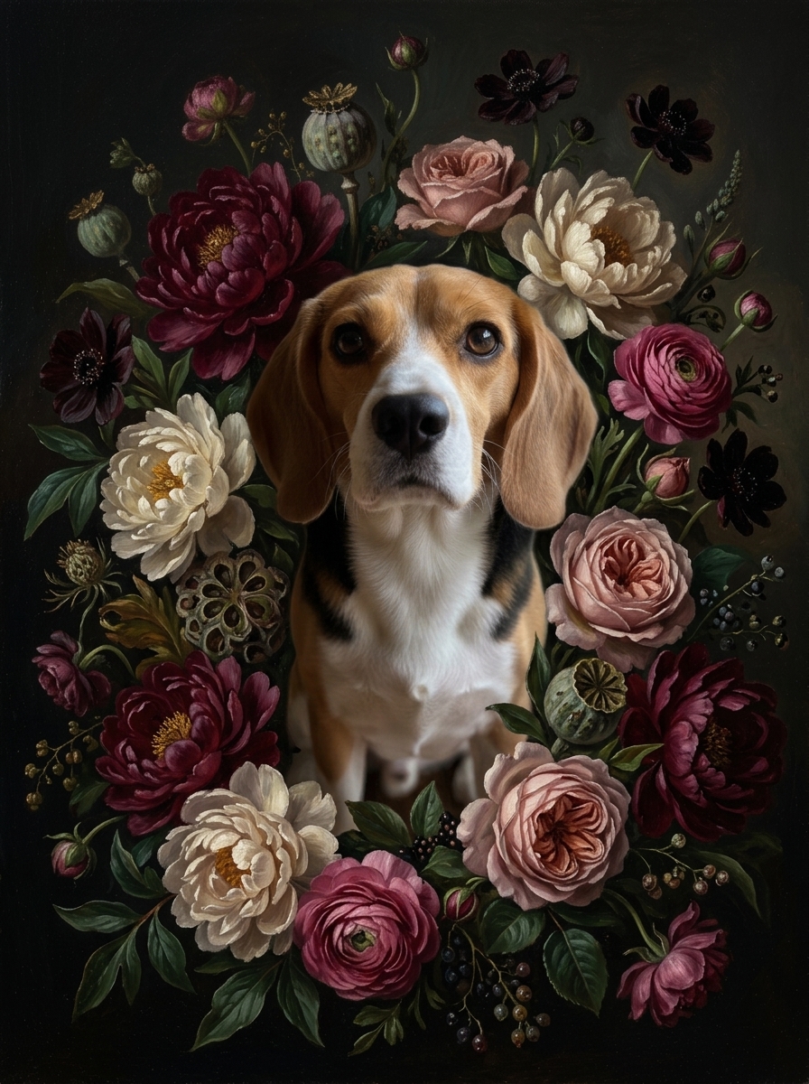 ビーグルの花の油絵風アート花柄額装プリント(A3サイズ)(4枚目)
