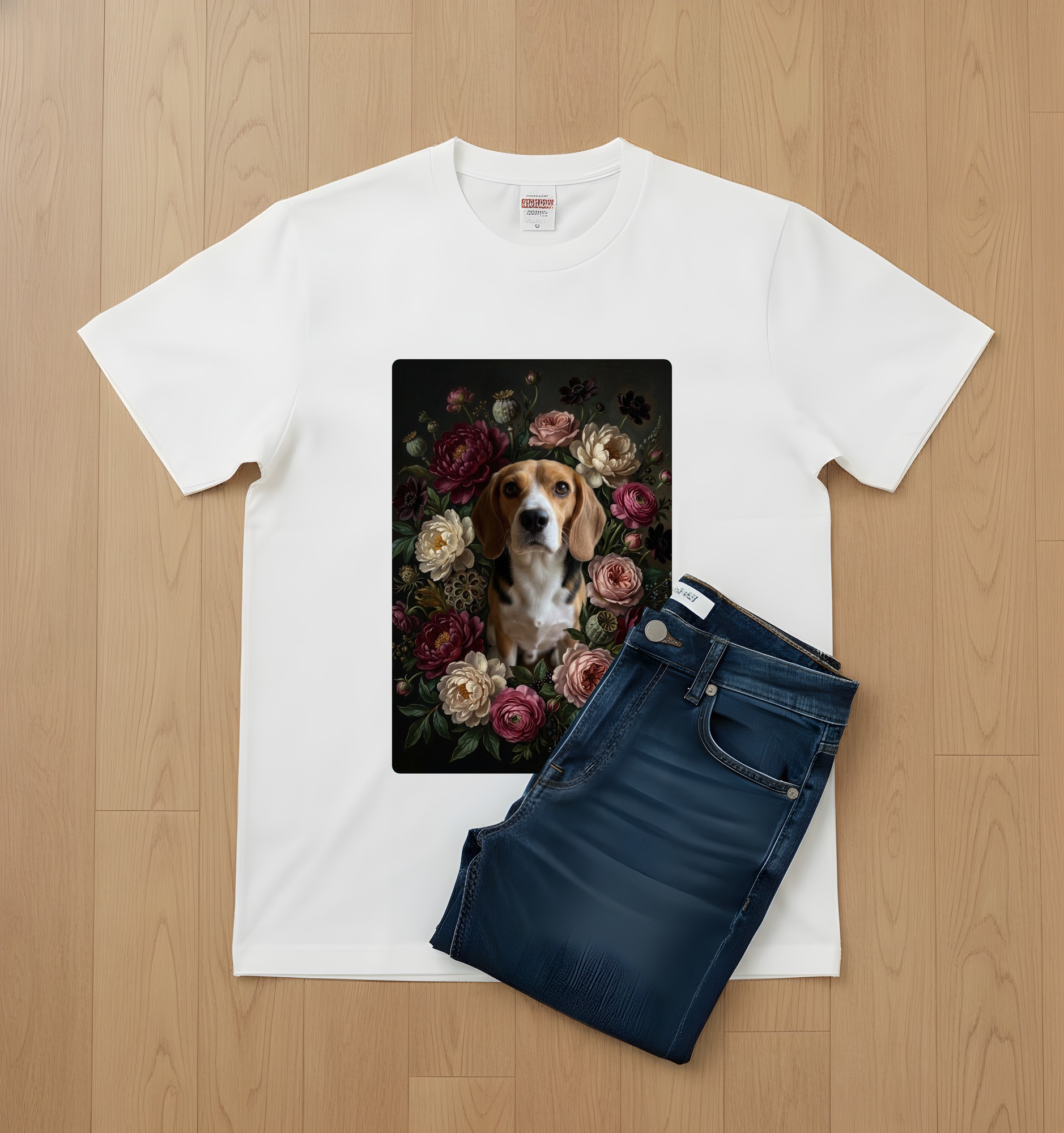 ビーグルの花の油絵風アート花柄Tシャツ(ホワイト)(2枚目)