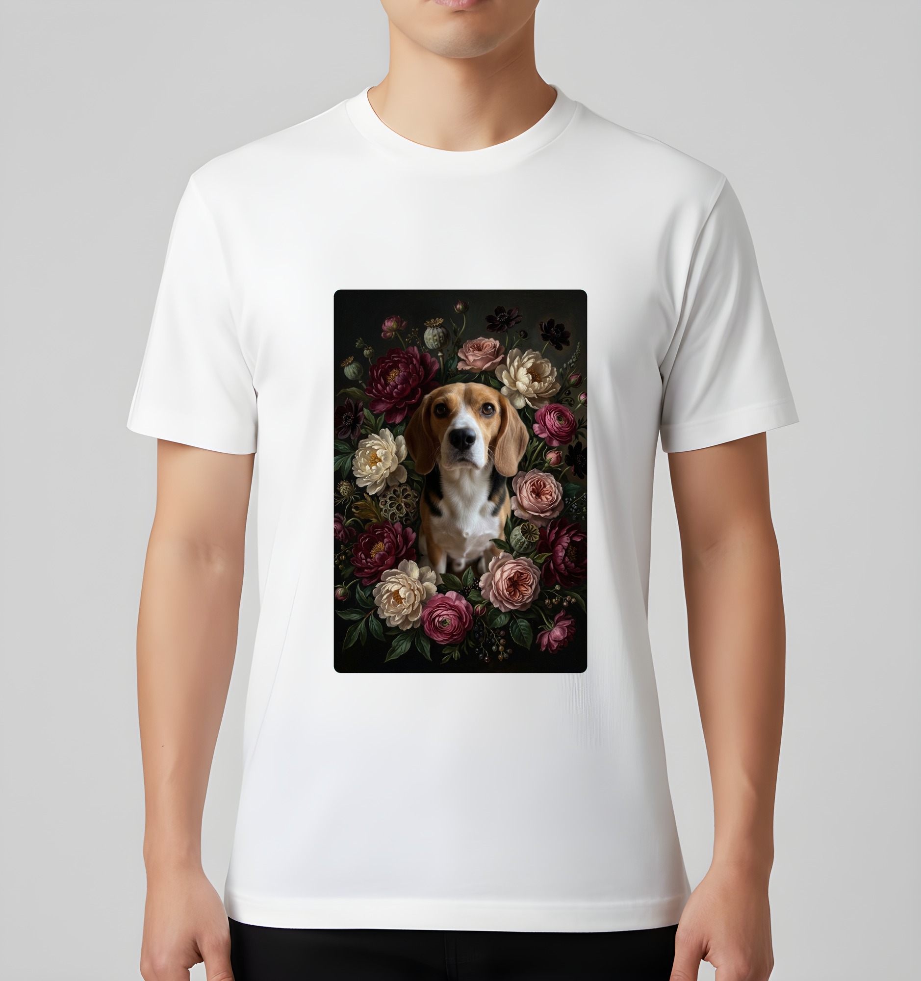 ビーグルの花の油絵風アート花柄Tシャツ(ホワイト)(3枚目)