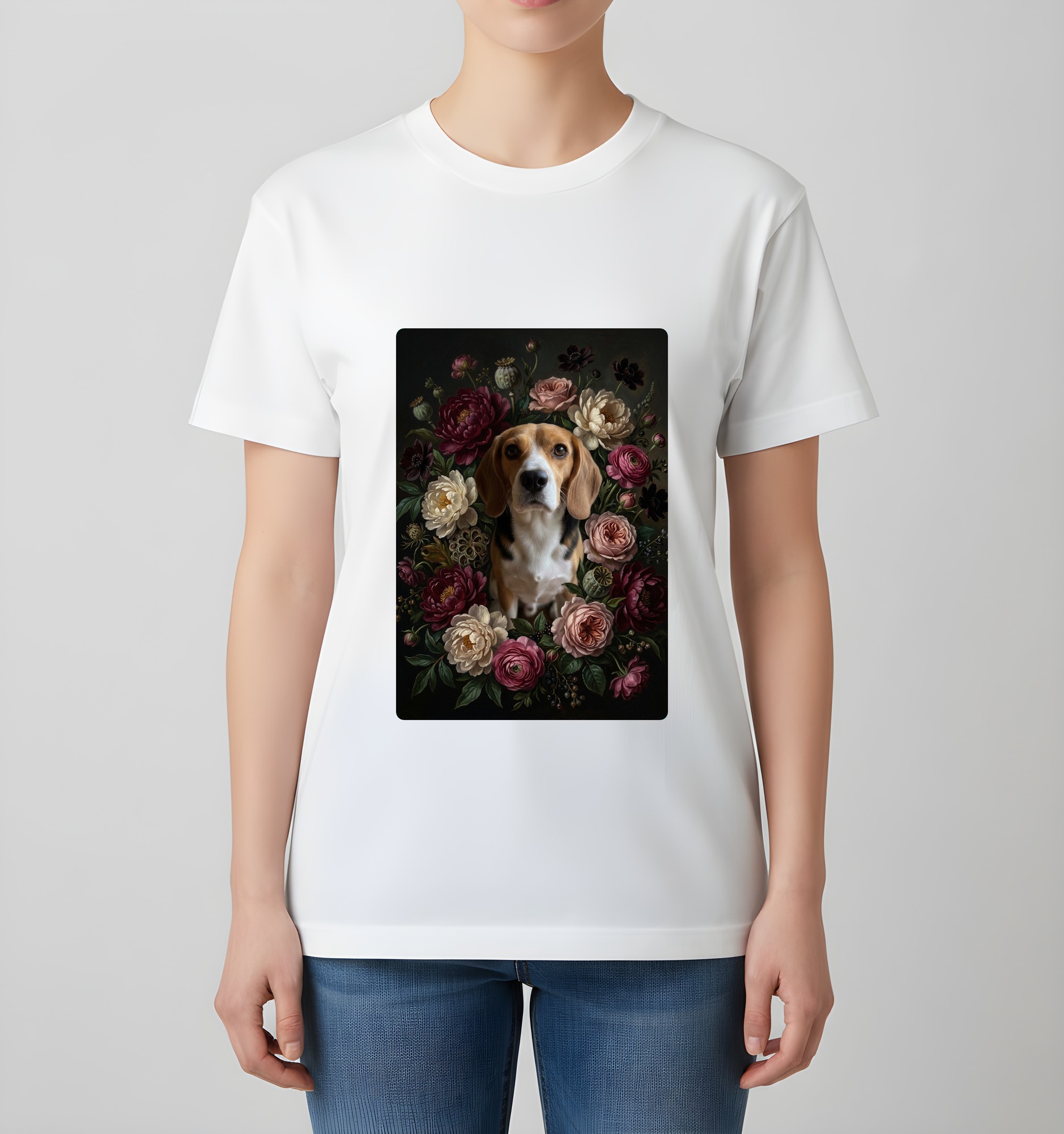 ビーグルの花の油絵風アート花柄Tシャツ(ホワイト)(4枚目)
