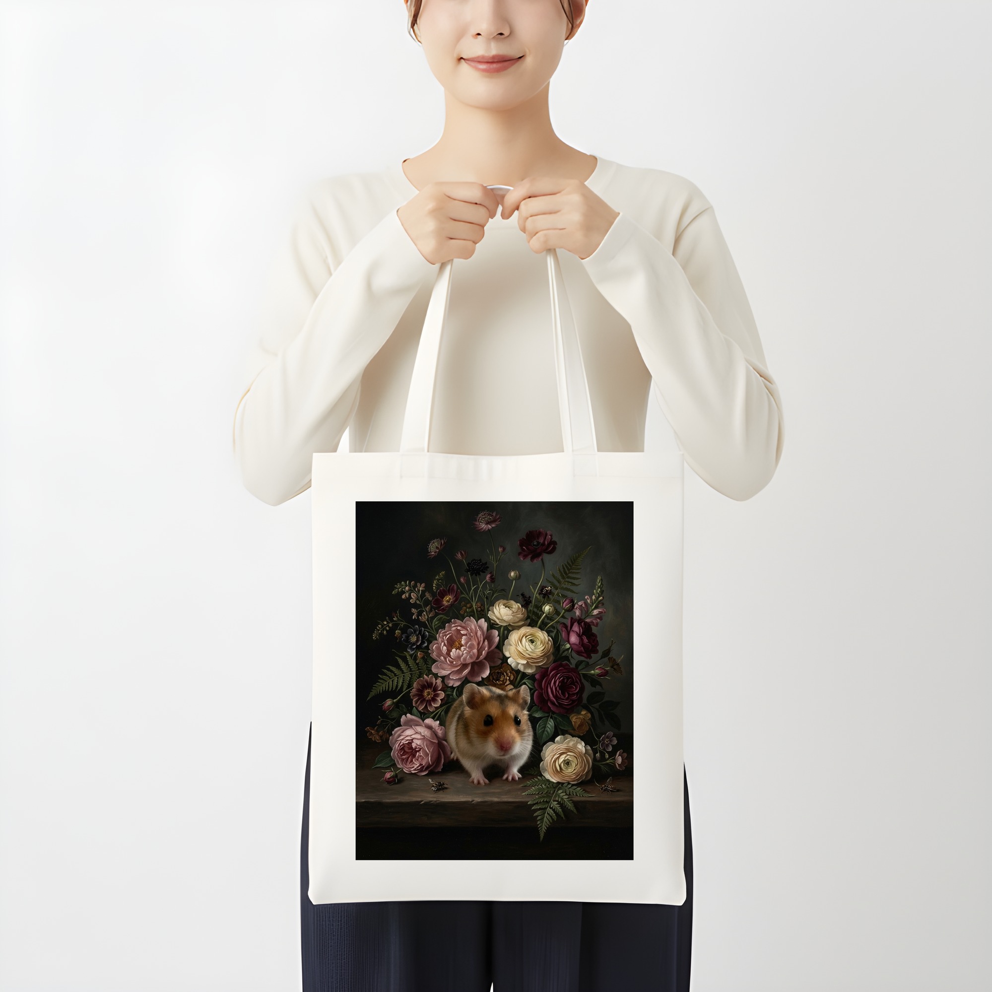 キャンベルハムスターの花の油絵風アート花柄トートバッグ(3枚目)