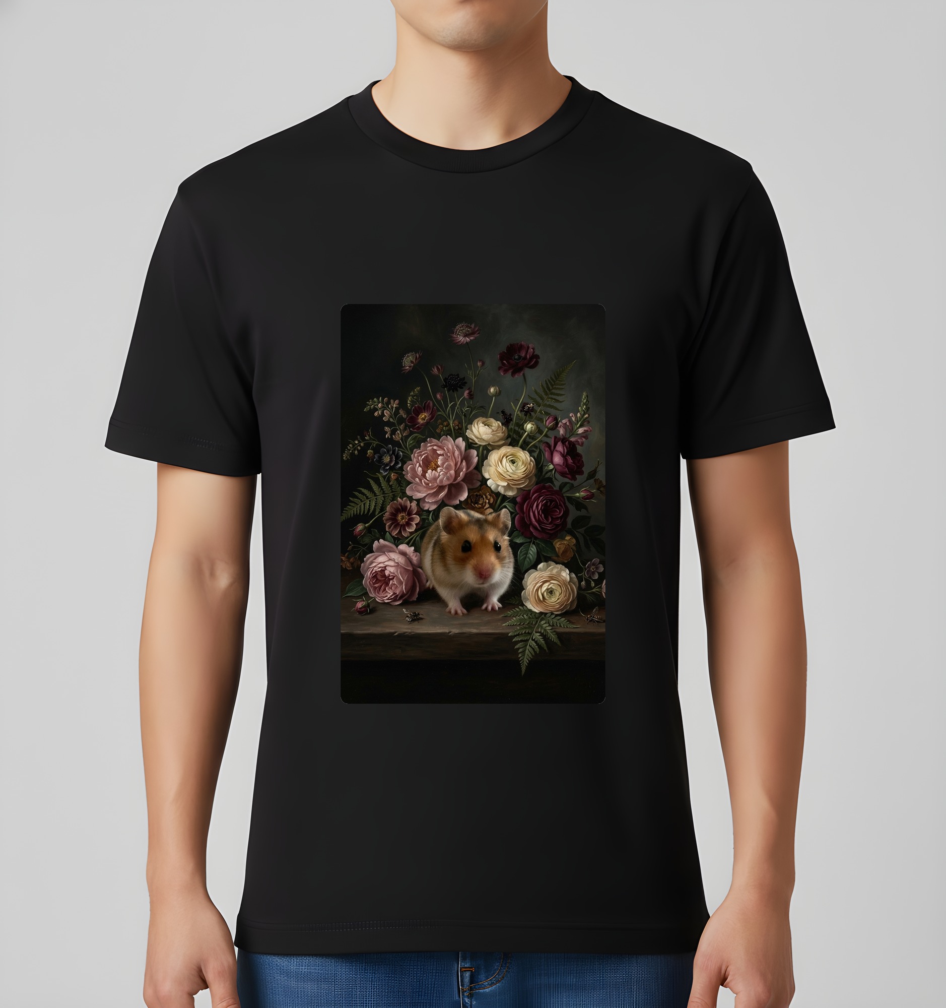 キャンベルハムスターの花の油絵風アート花柄Tシャツ（ブラック）（3枚目）
