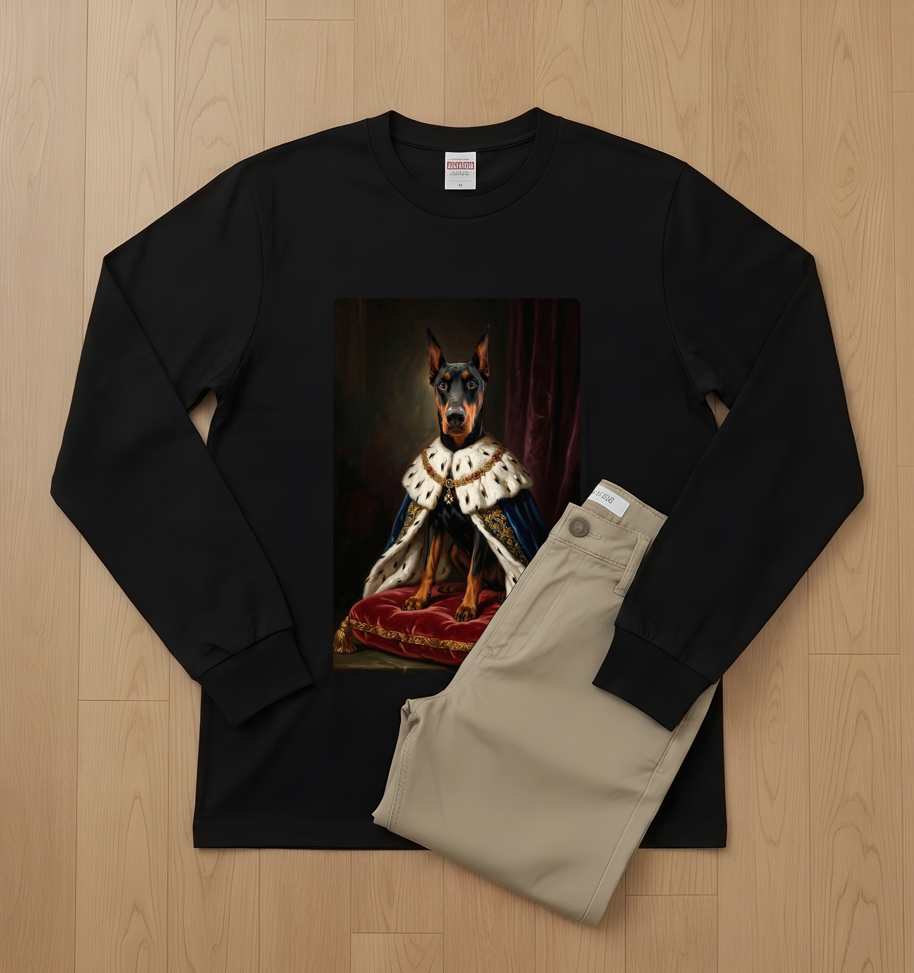 ドーベルマンのルネサンス肖像画長袖Tシャツ(ブラック)(2枚目)