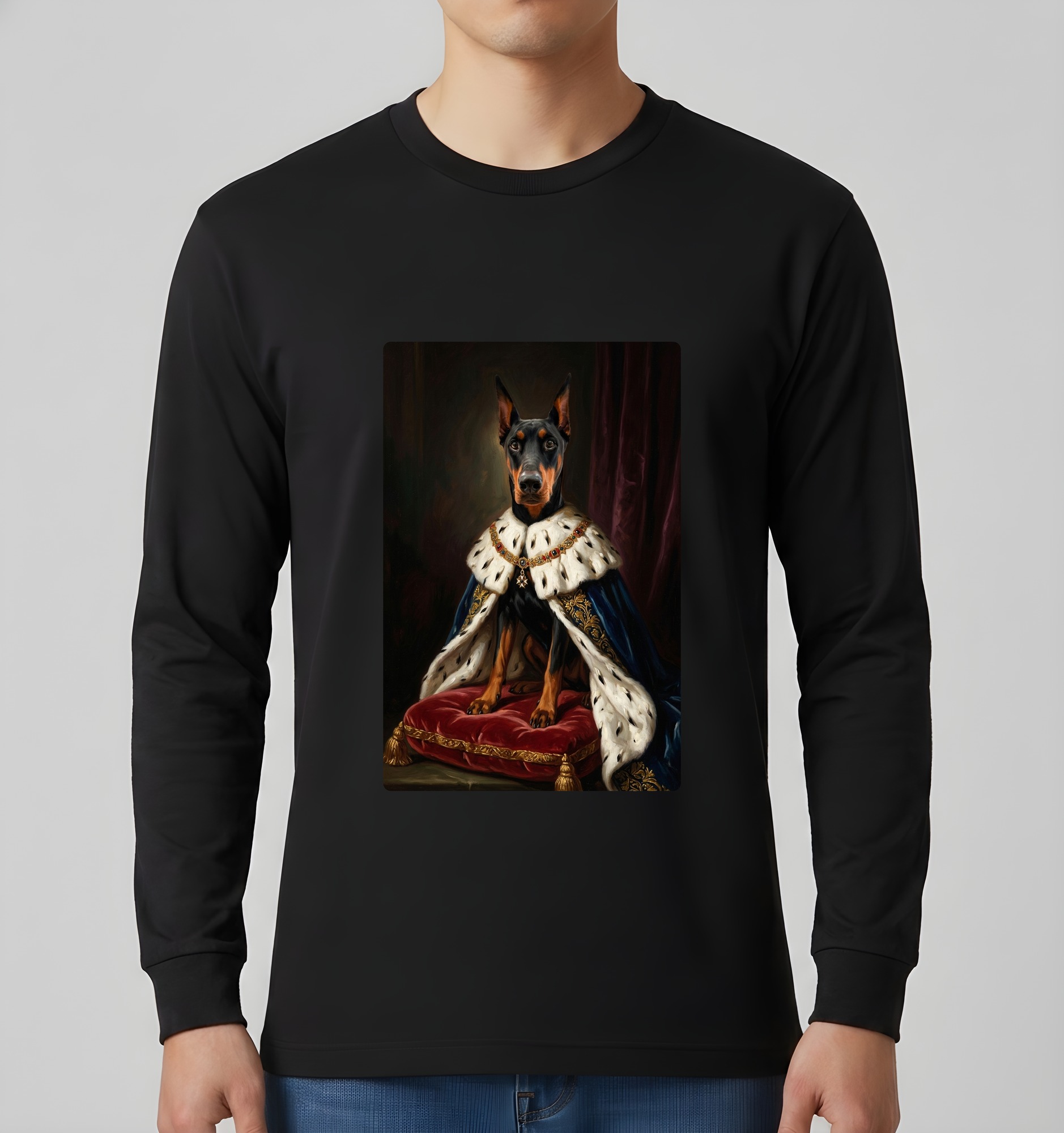 ドーベルマンのルネサンス肖像画長袖Tシャツ(ブラック)(3枚目)