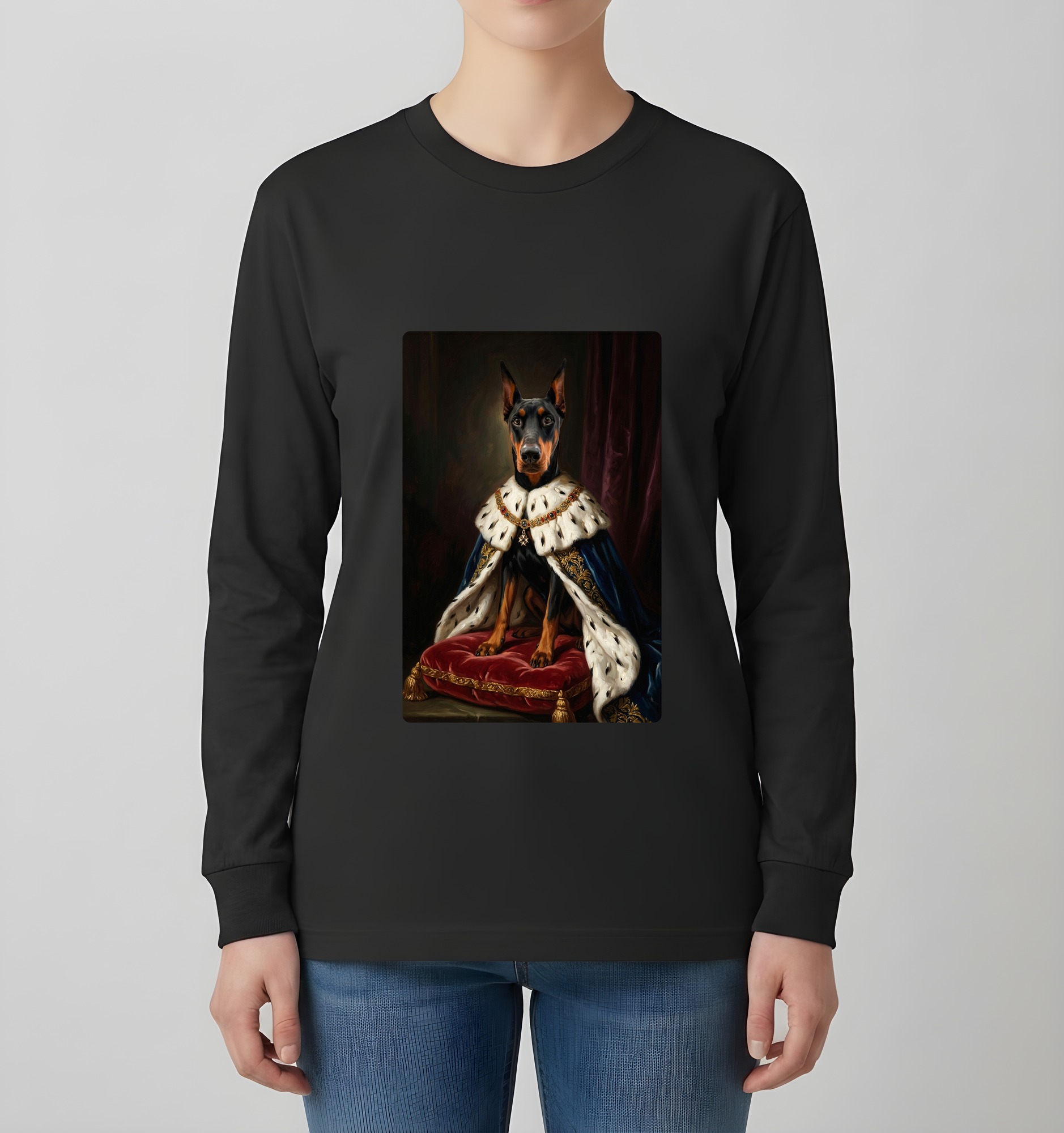ドーベルマンのルネサンス肖像画長袖Tシャツ(ブラック)(4枚目)