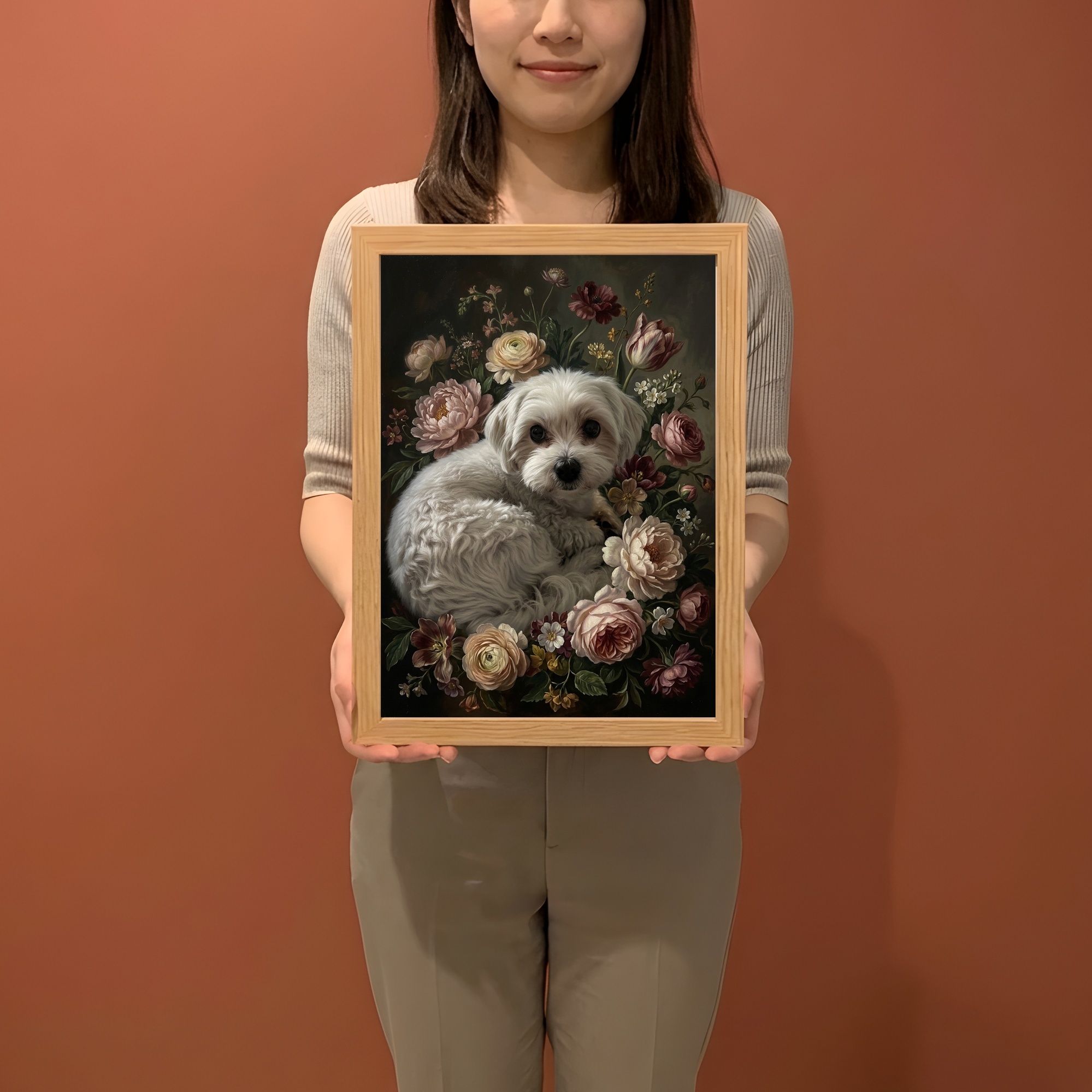 マルチーズの花の油絵風アート花柄額装プリント（A4サイズ）（2枚目）
