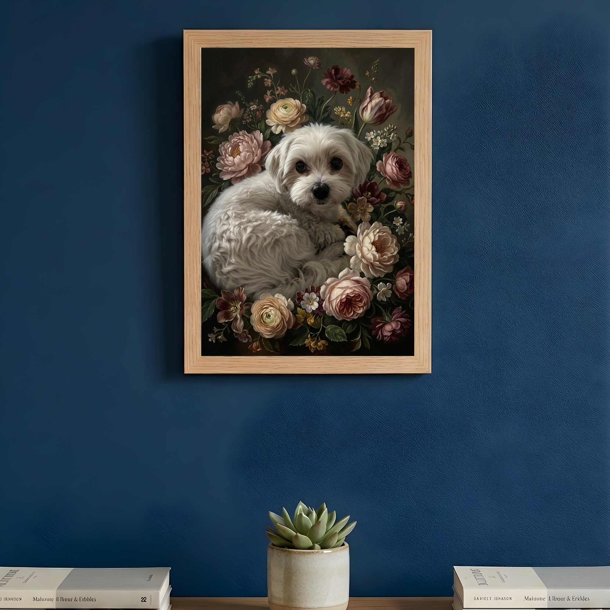 マルチーズの花の油絵風アート花柄額装プリント（A4サイズ）（3枚目）