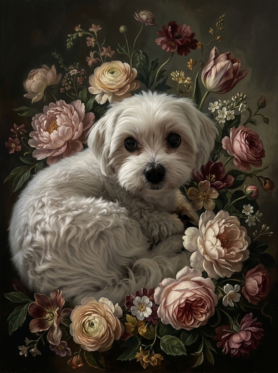 マルチーズの花の油絵風アート花柄額装プリント（A4サイズ）（4枚目）