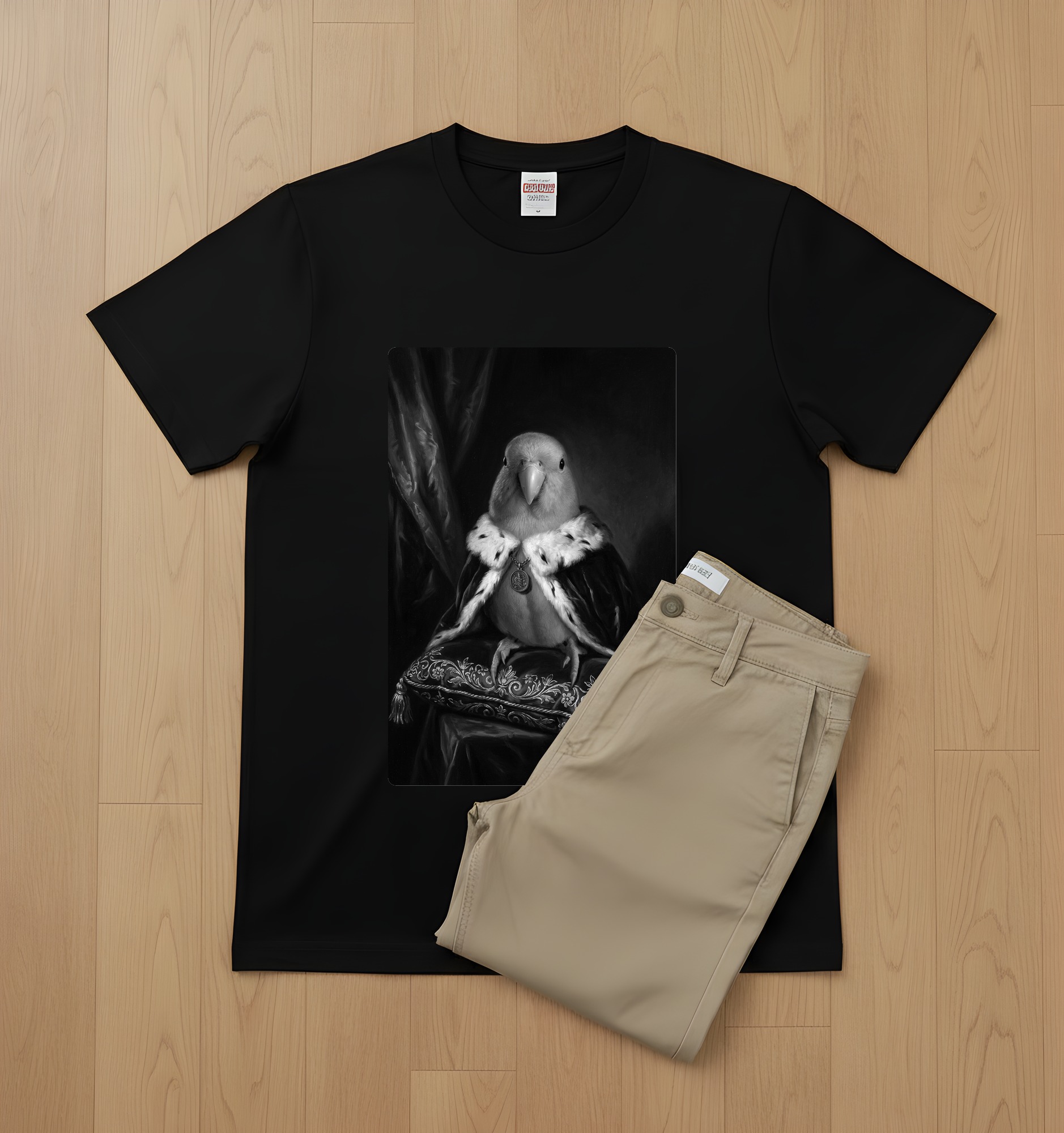 アキクサインコのルネサンス肖像画Tシャツ（ブラック・モノクロプリント・額縁なし）（2枚目）