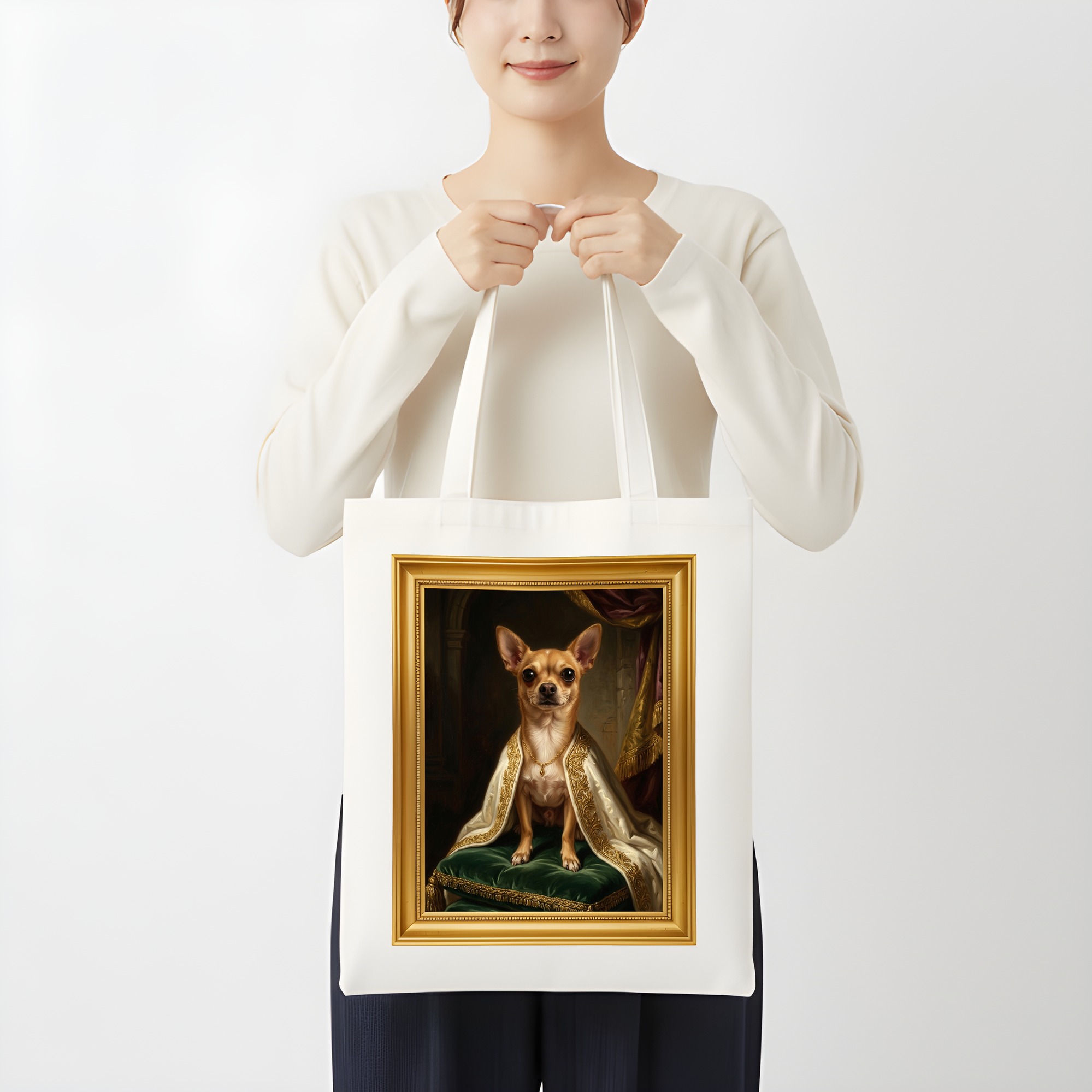 チワワのルネサンス肖像画トートバッグ（カラープリント・額縁デザインあり）（3枚目）