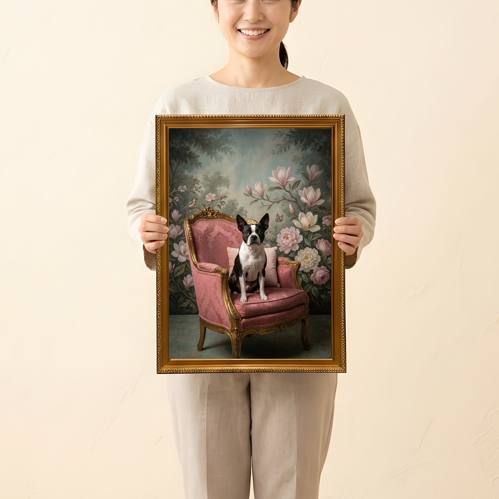 ボストンテリアのシャビーピンクの油絵風アートロココ調額装プリント(A3サイズ)(2枚目)