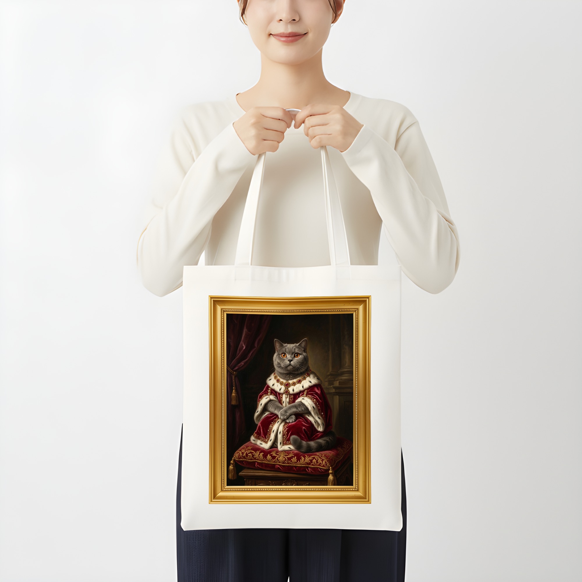 ブリティッシュショートヘアのルネサンス肖像画トートバッグ（カラープリント・額縁デザインあり）（3枚目）