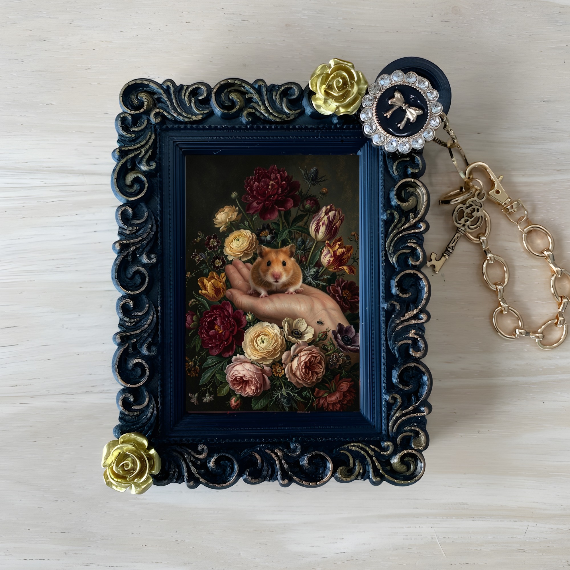 ゴールデンハムスターの花の油絵風アート花柄バッグチャーム(ブラック)
