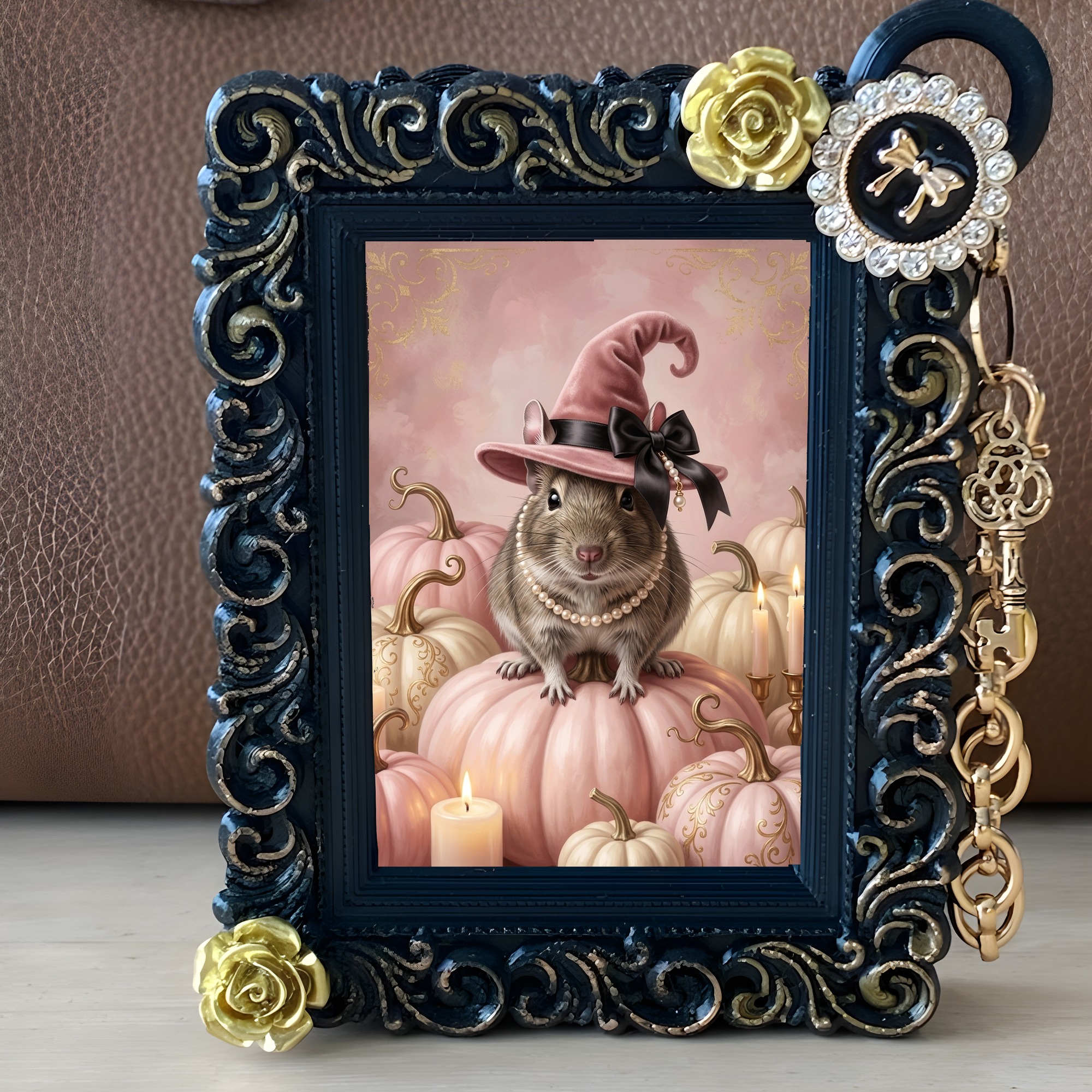 デグーのかぼちゃとキャンドルの油絵風アートハロウィンバッグチャーム(ブラック)(2枚目)