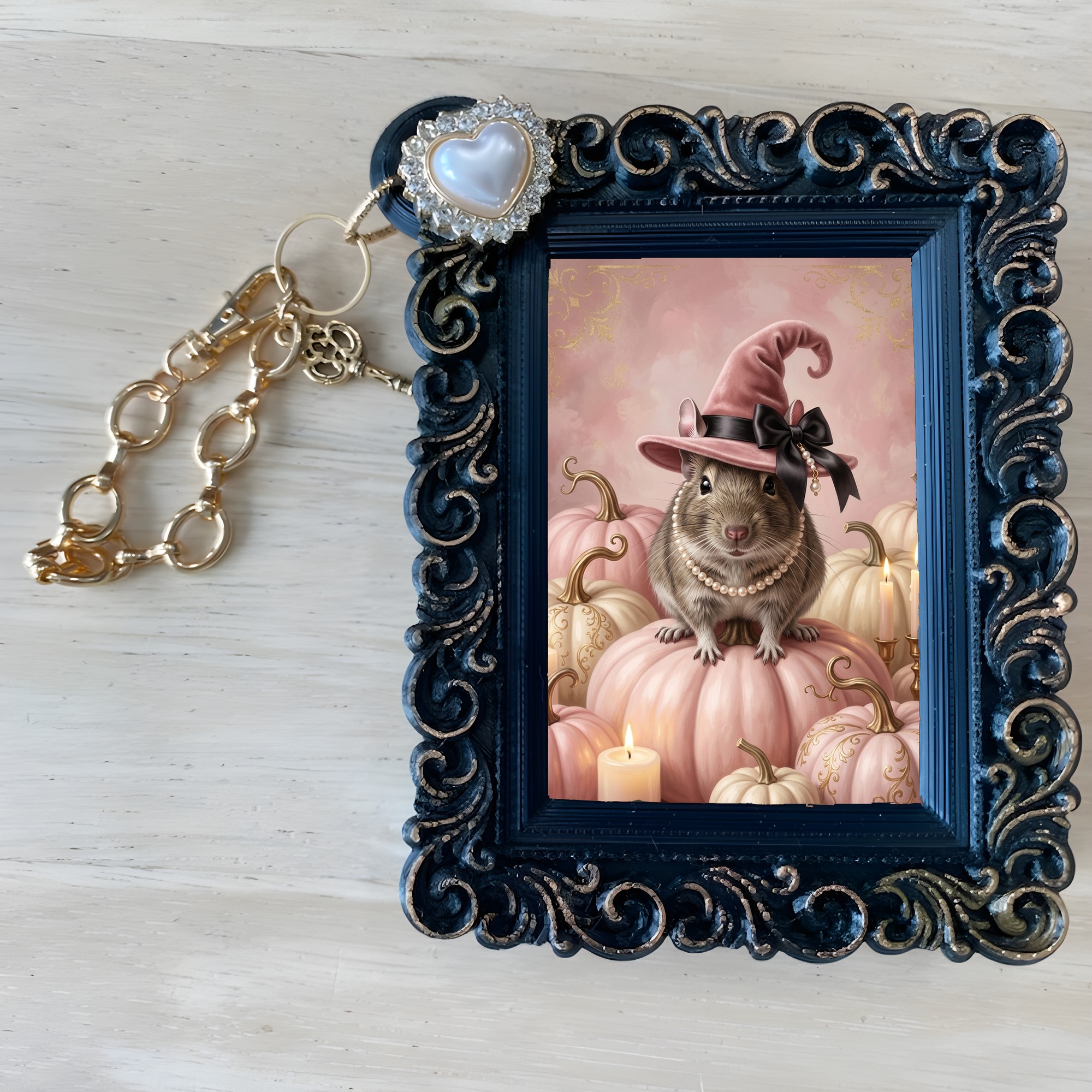 デグーのかぼちゃとキャンドルの油絵風アートハロウィンバッグチャーム(ブラック)(4枚目)