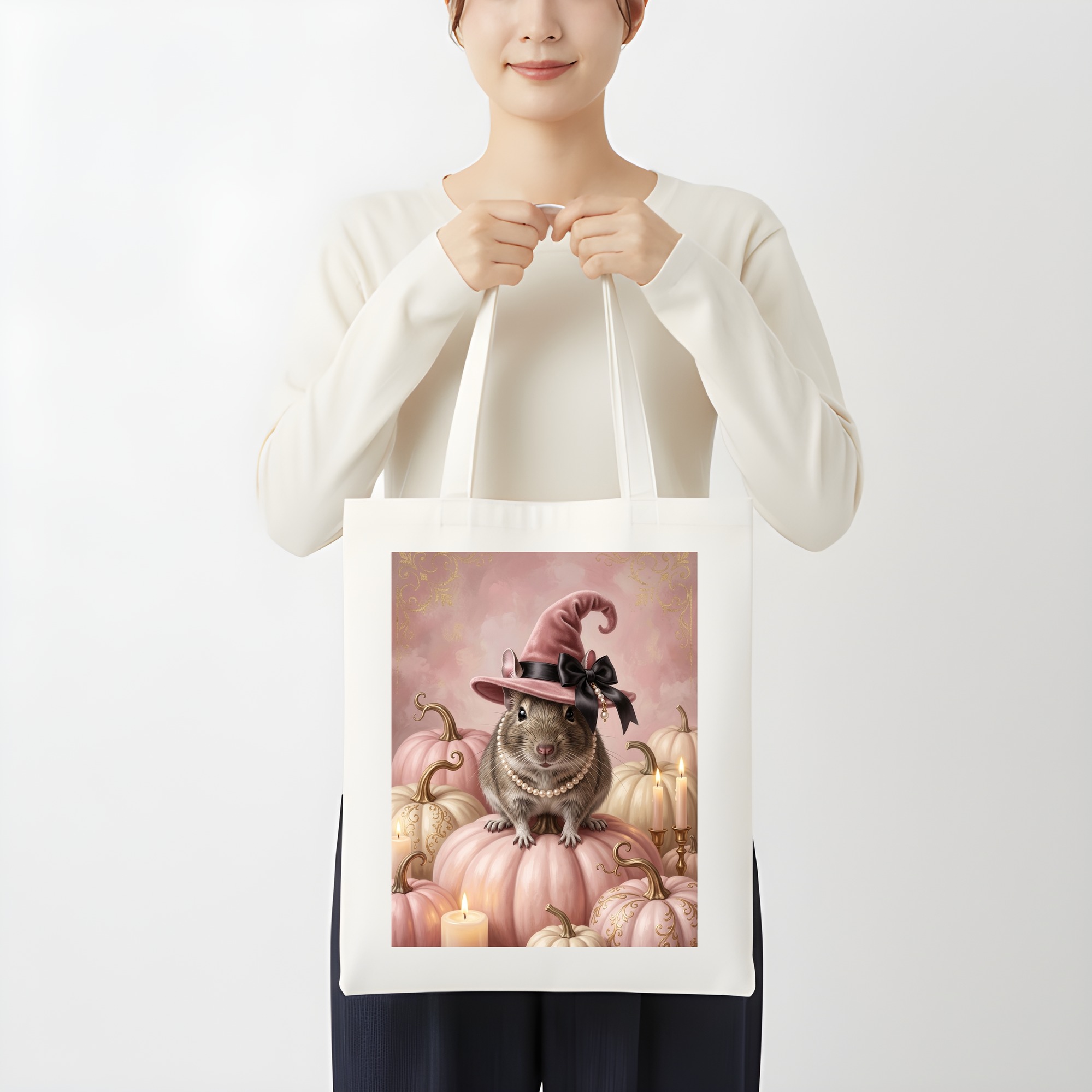 デグーのかぼちゃとキャンドルの油絵風アートハロウィントートバッグ(3枚目)