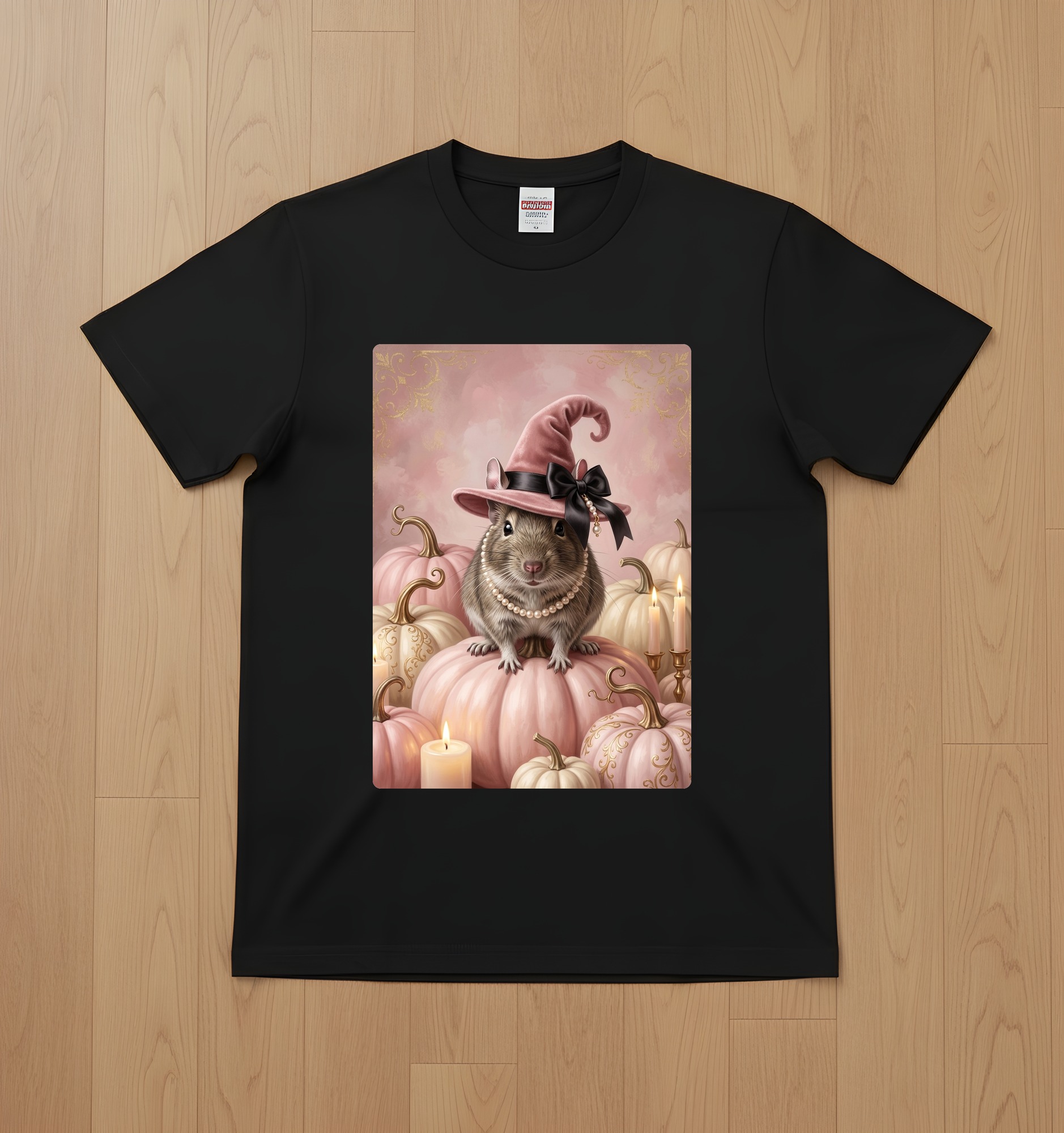 デグーのかぼちゃとキャンドルの油絵風アートハロウィンTシャツ(ブラック)