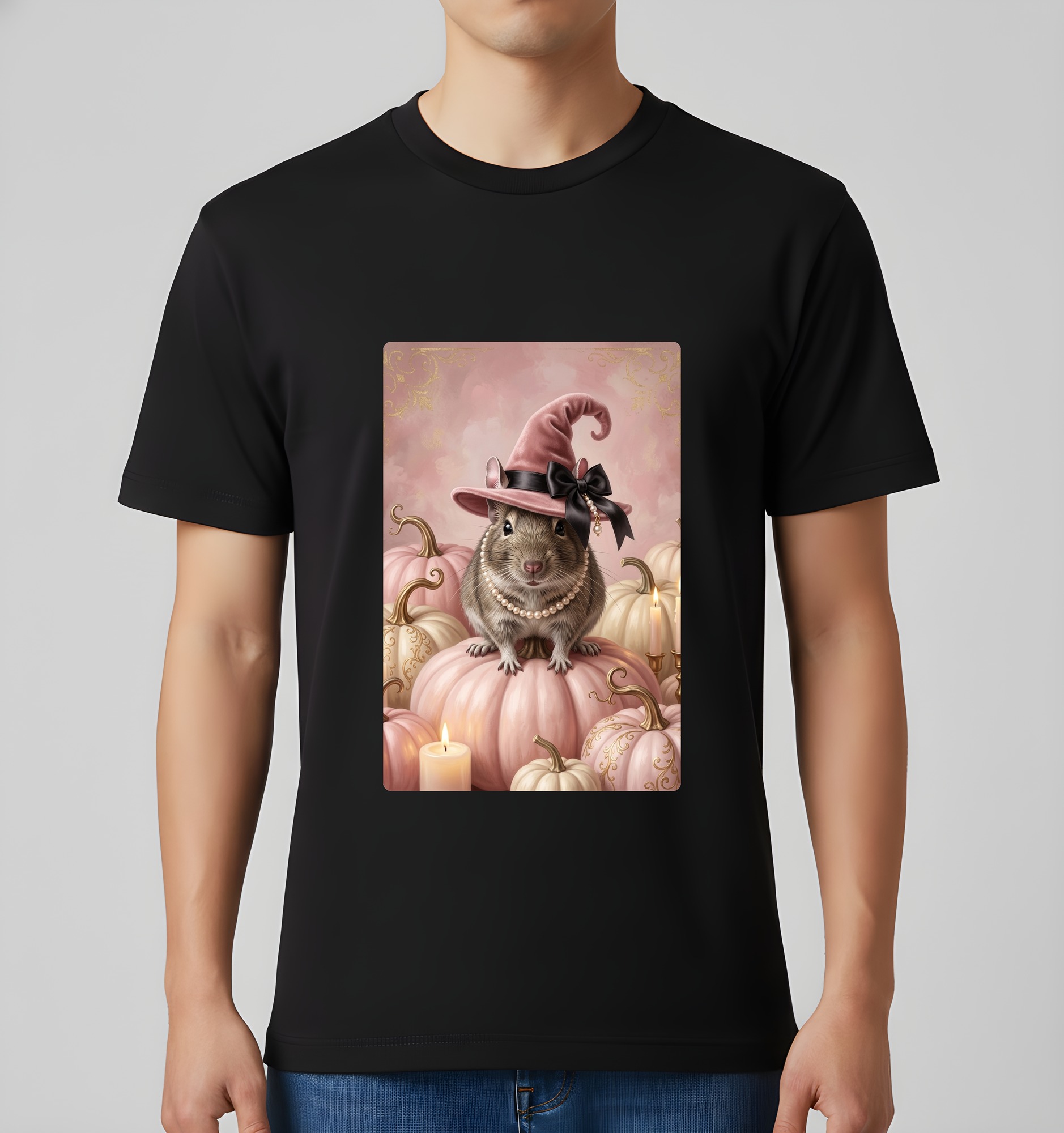 デグーのかぼちゃとキャンドルの油絵風アートハロウィンTシャツ(ブラック)(3枚目)