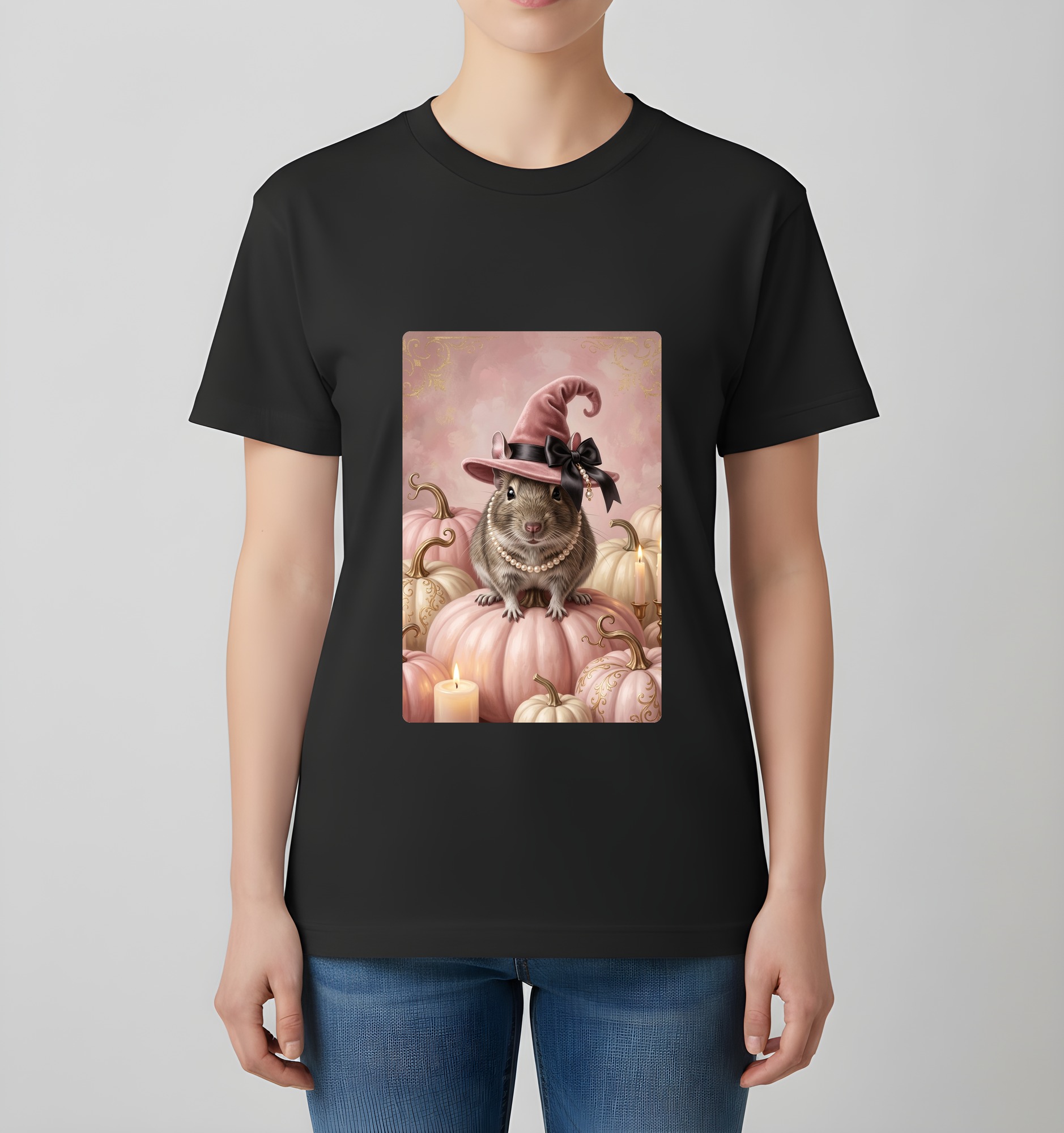 デグーのかぼちゃとキャンドルの油絵風アートハロウィンTシャツ(ブラック)(4枚目)