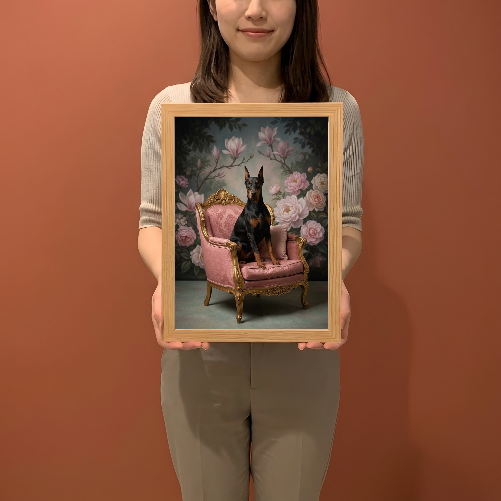 ドーベルマンのシャビーピンクの油絵風アートロココ調額装プリント(A4サイズ)(2枚目)