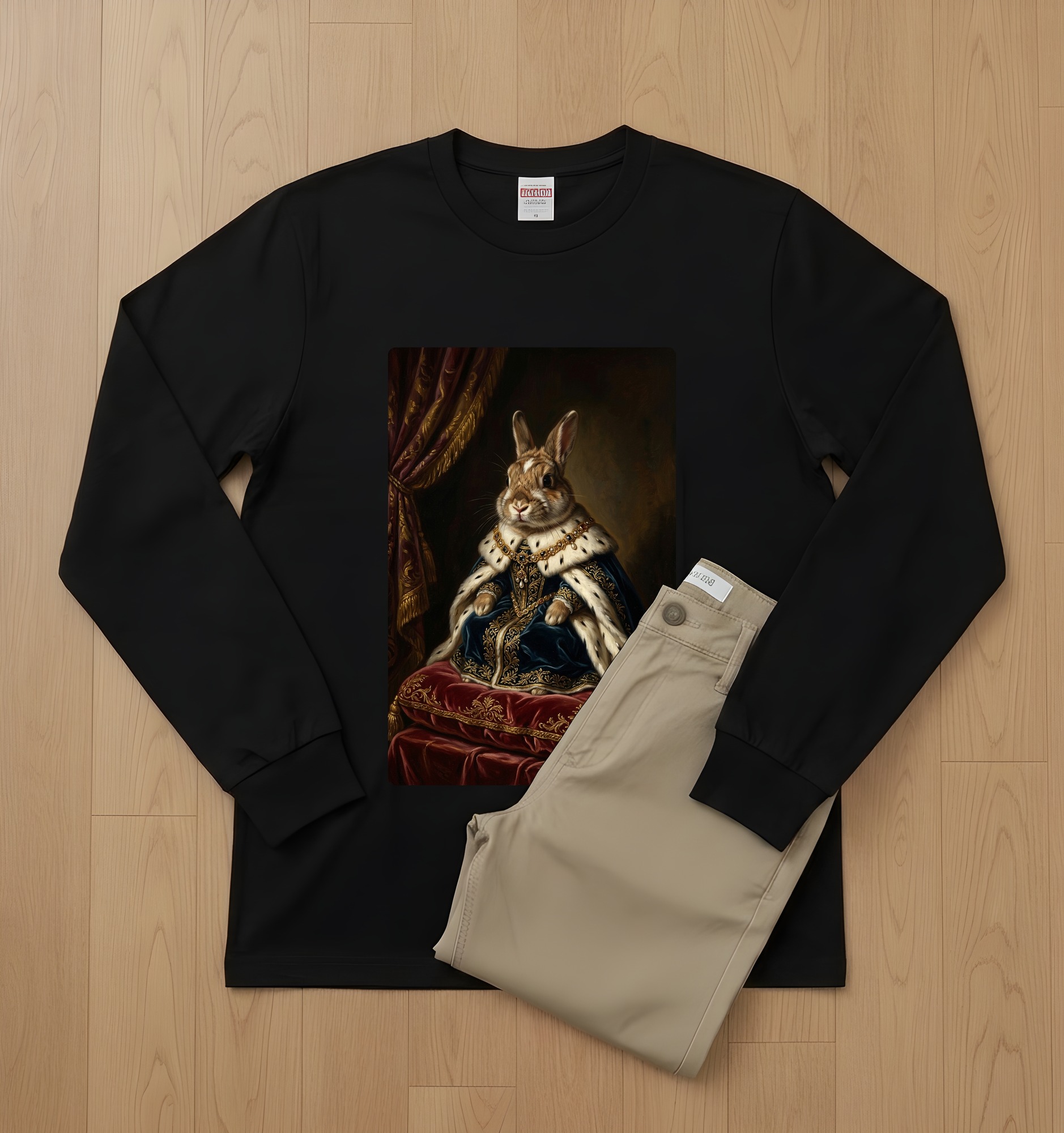 うさぎのルネサンス肖像画長袖Tシャツ(ブラック)(2枚目)