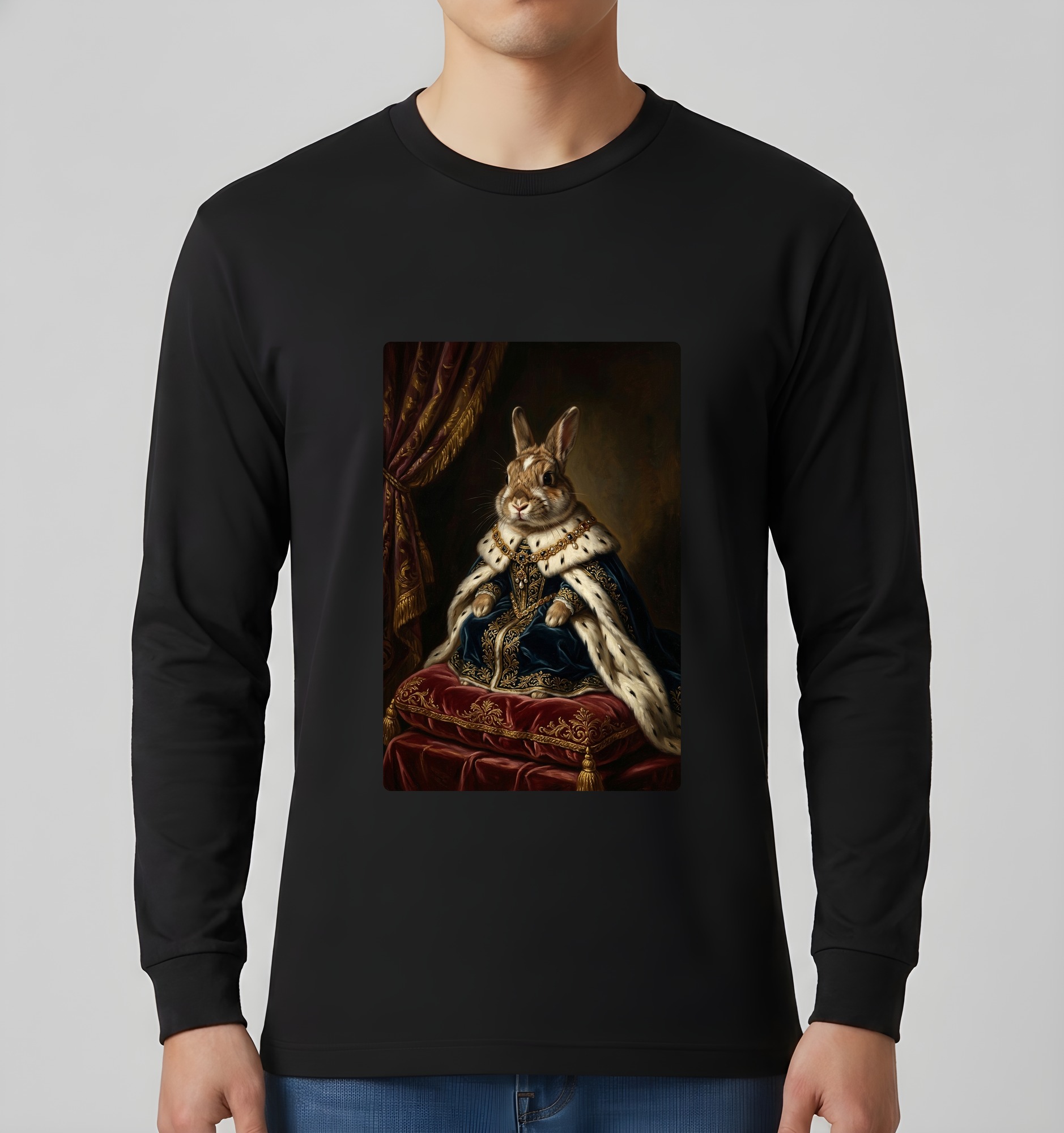 うさぎのルネサンス肖像画長袖Tシャツ(ブラック)(3枚目)