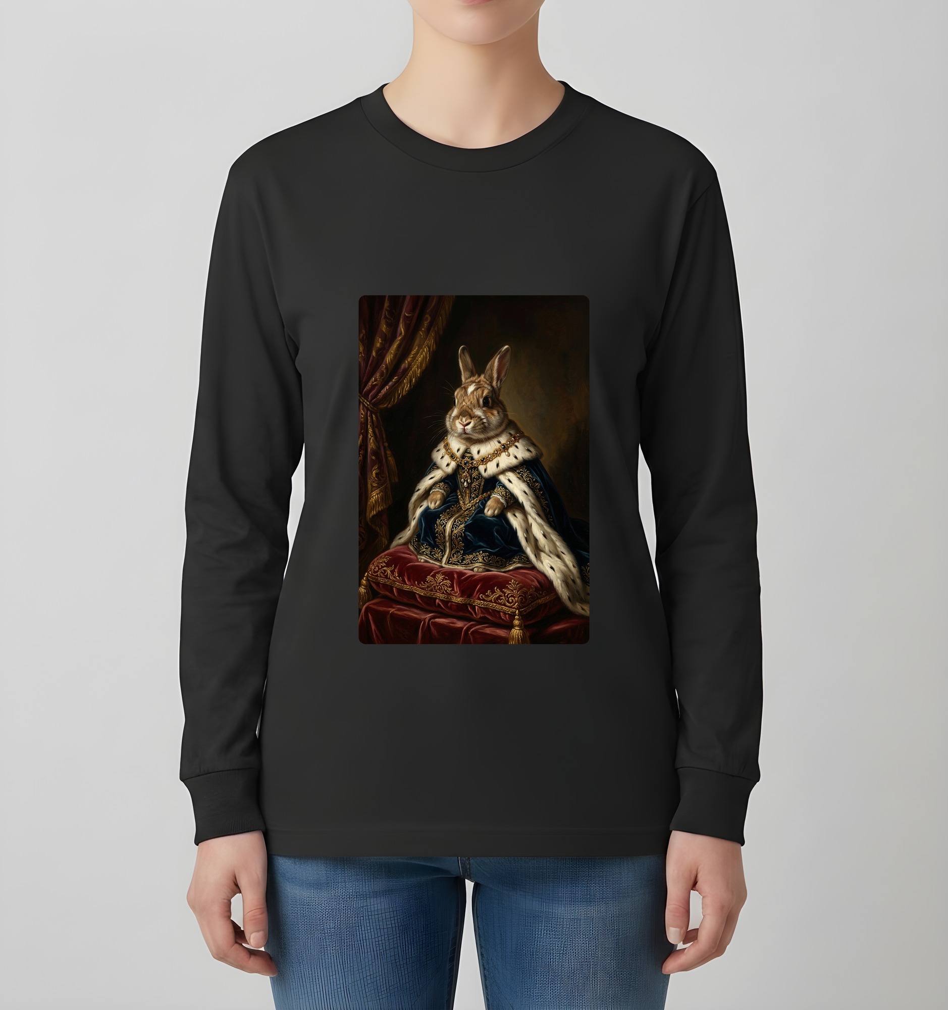 うさぎのルネサンス肖像画長袖Tシャツ(ブラック)(4枚目)