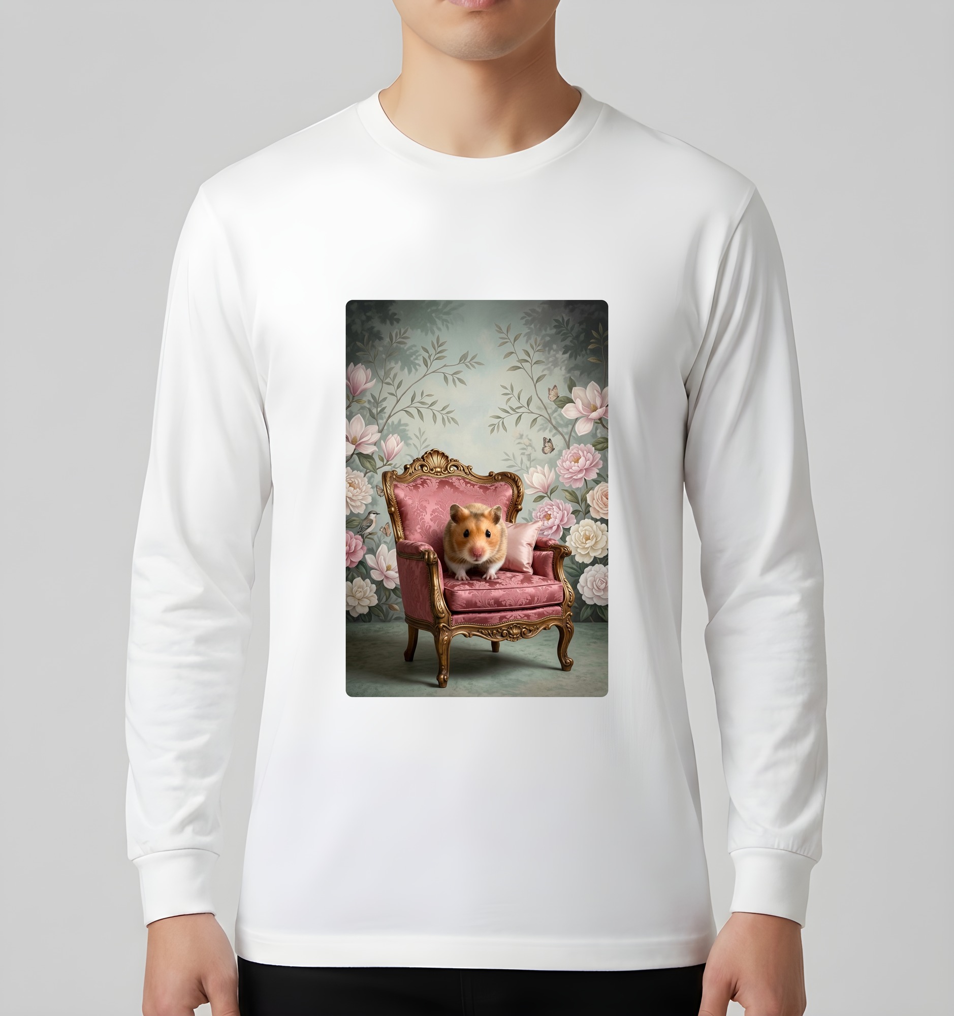 ゴールデンハムスターのシャビーピンクの油絵風アートロココ調長袖Tシャツ（ホワイト）（3枚目）