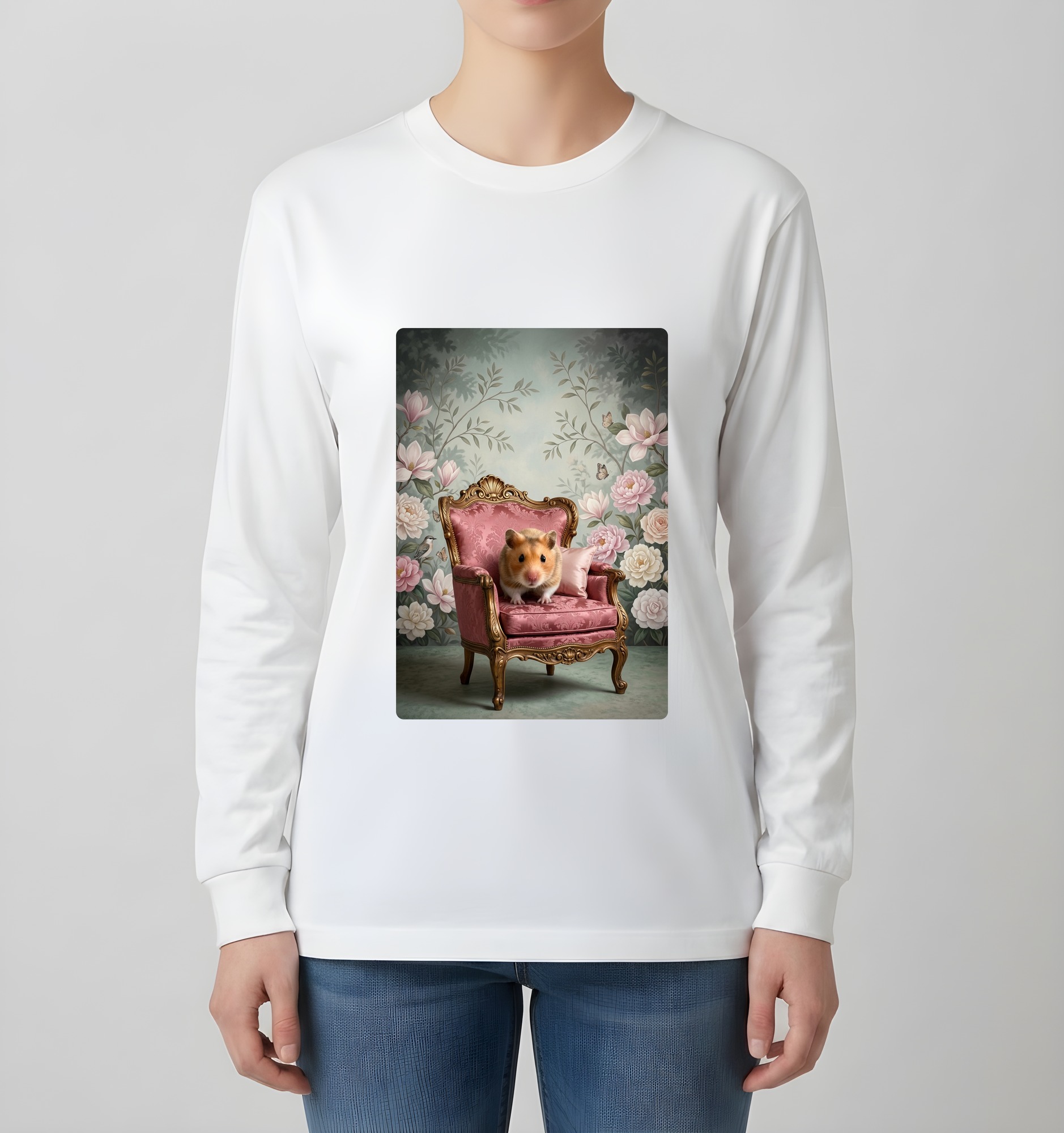 ゴールデンハムスターのシャビーピンクの油絵風アートロココ調長袖Tシャツ（ホワイト）（4枚目）