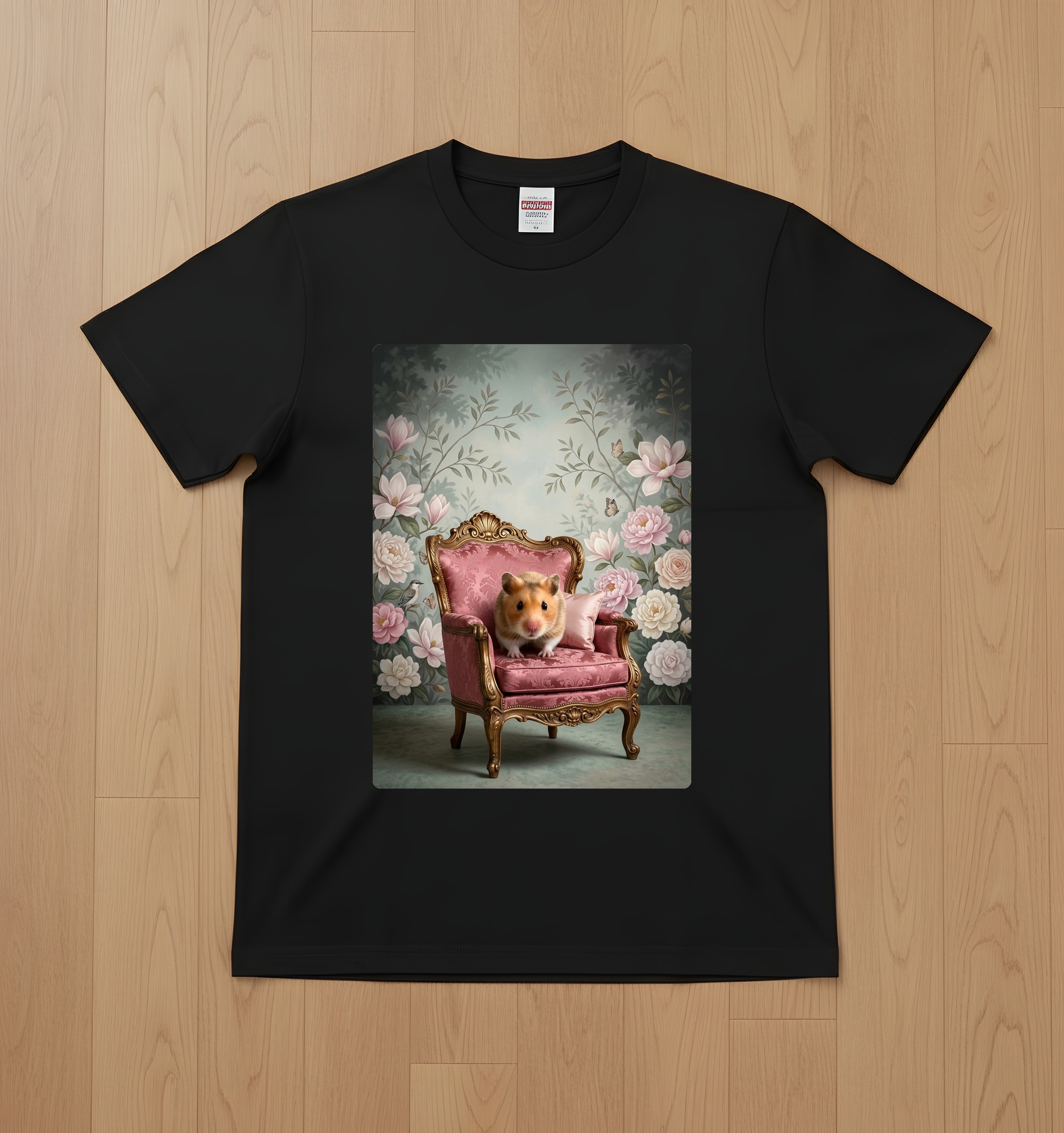 ゴールデンハムスターのシャビーピンクの油絵風アートロココ調Tシャツ(ブラック)