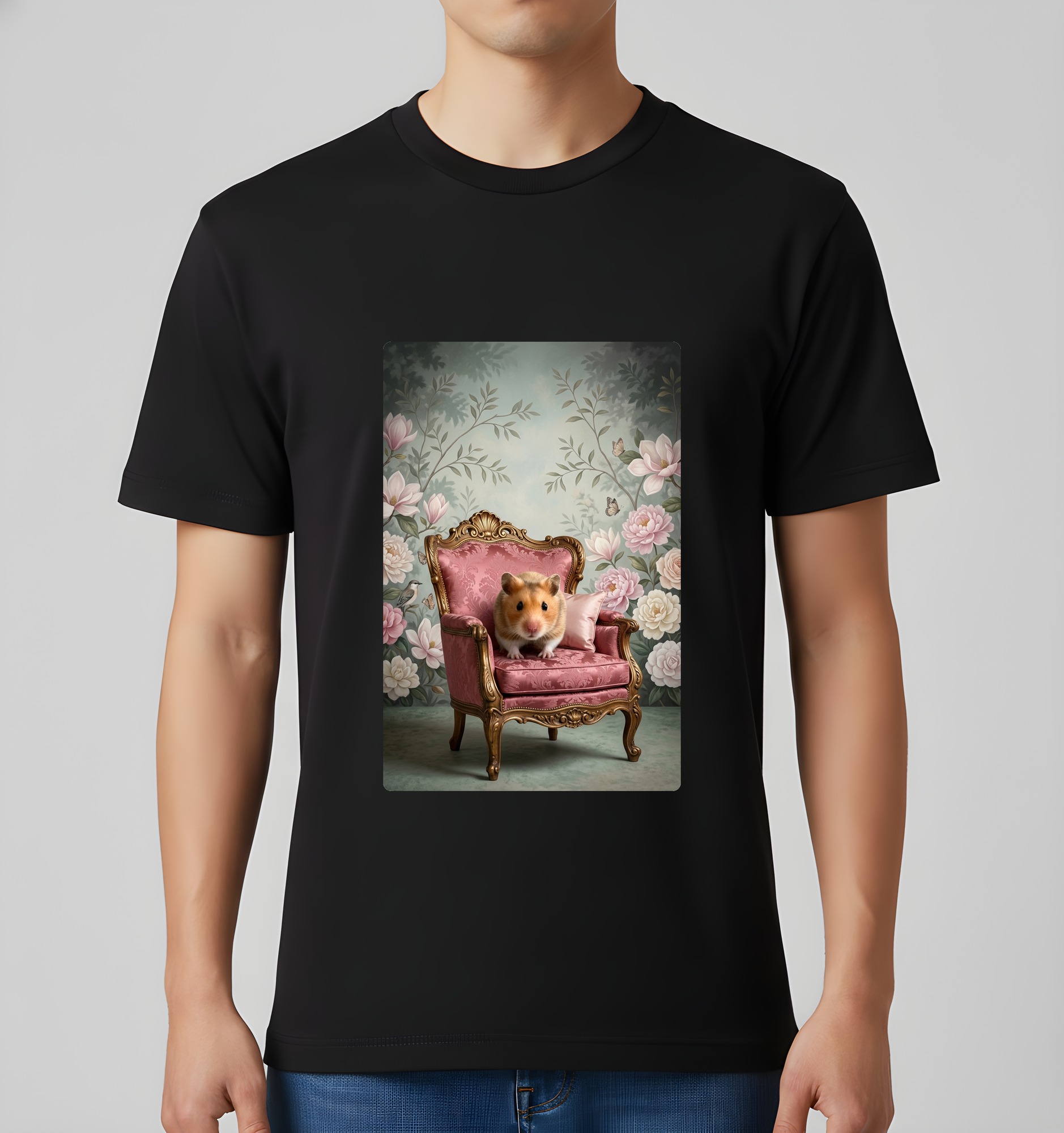 ゴールデンハムスターのシャビーピンクの油絵風アートロココ調Tシャツ(ブラック)(3枚目)