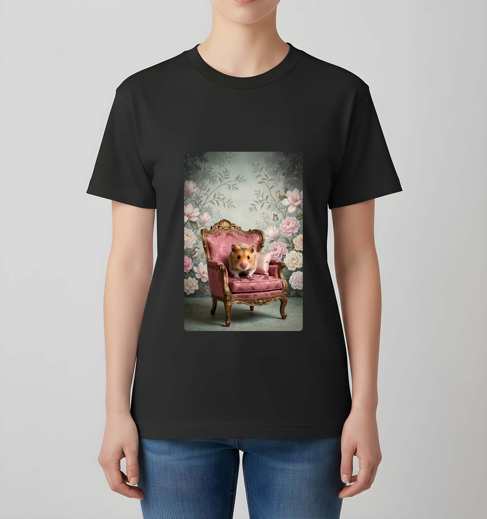 ゴールデンハムスターのシャビーピンクの油絵風アートロココ調Tシャツ(ブラック)(4枚目)