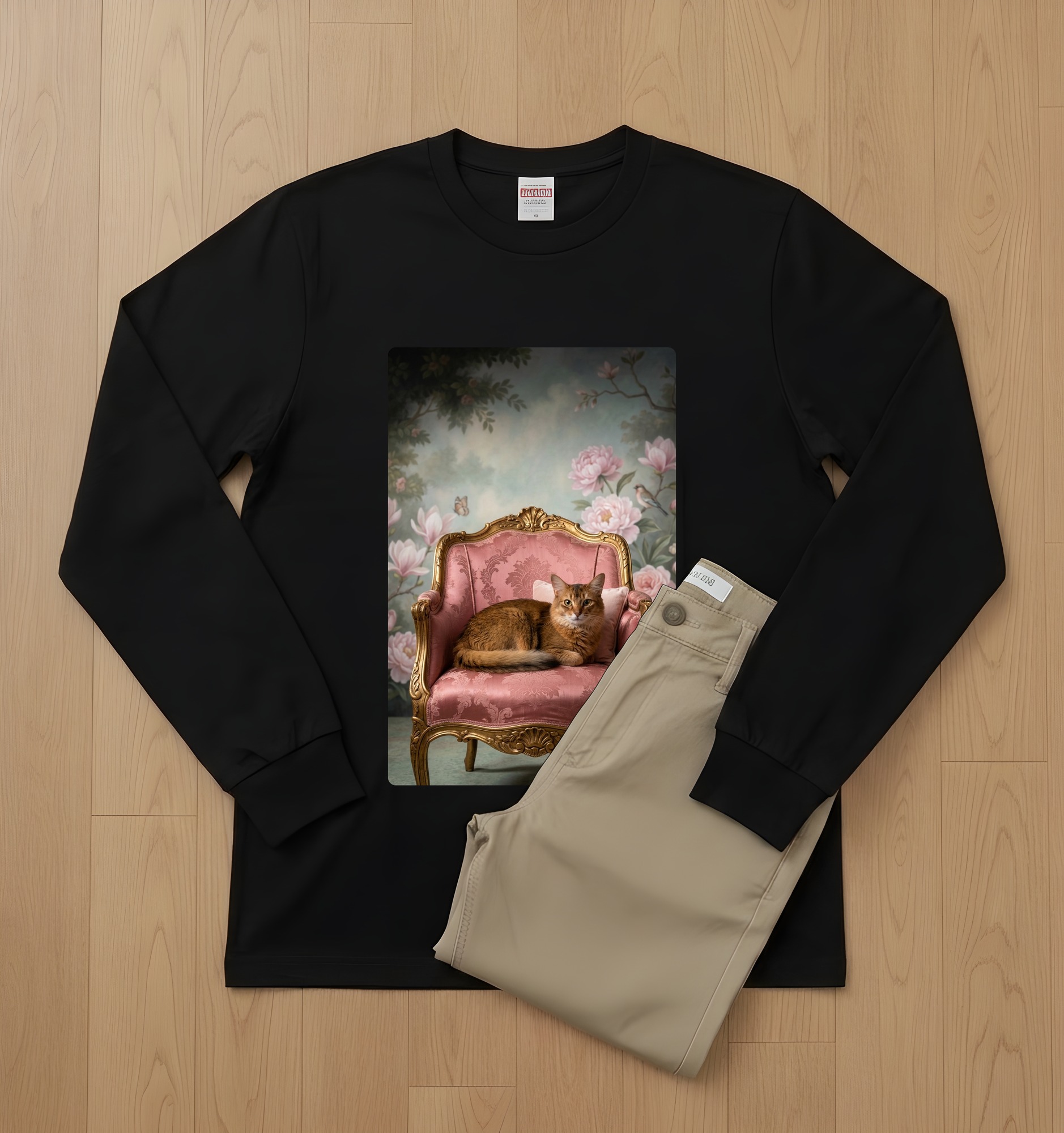 ソマリのシャビーピンクの油絵風アートロココ調長袖Tシャツ(ブラック)(2枚目)