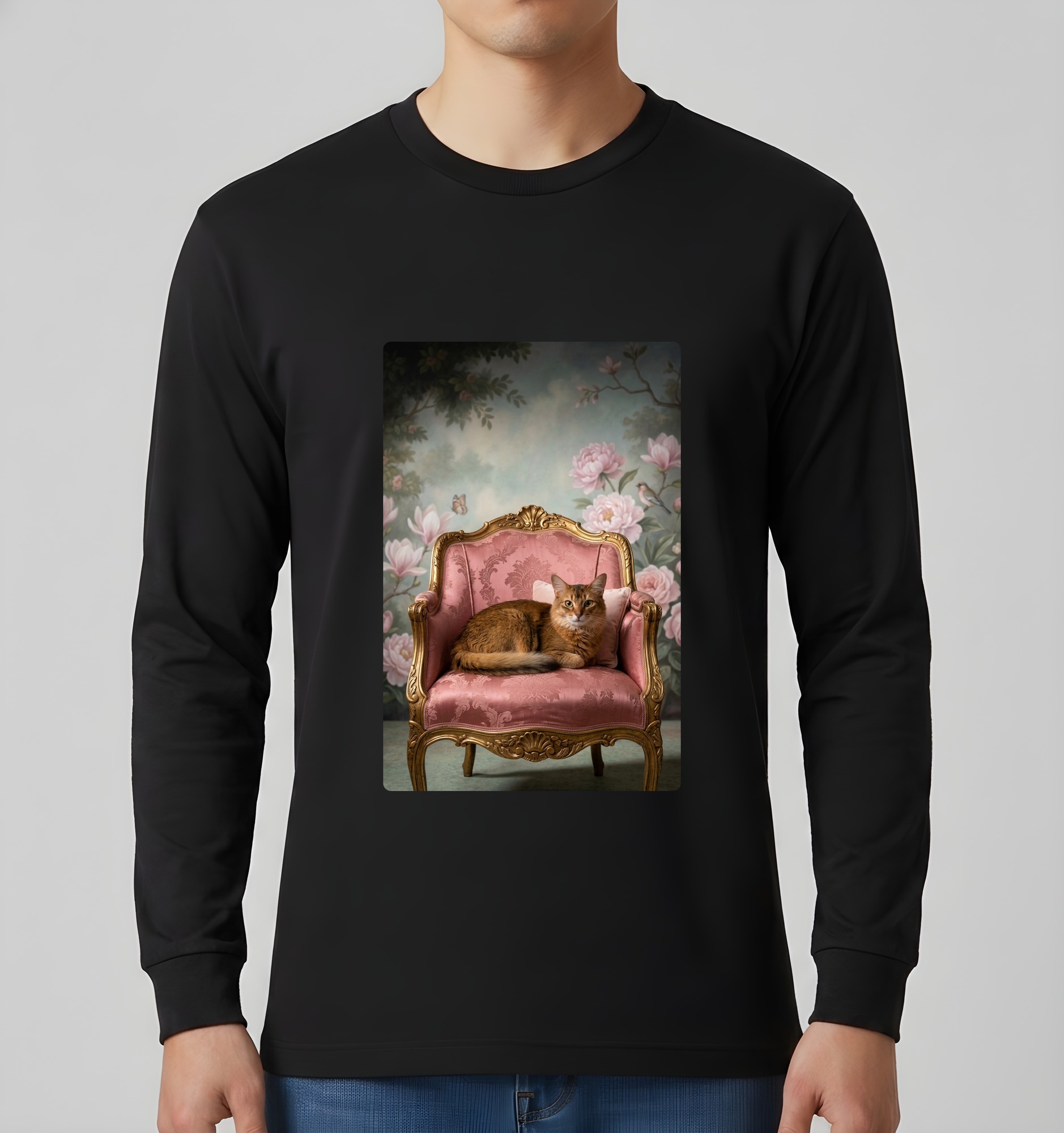 ソマリのシャビーピンクの油絵風アートロココ調長袖Tシャツ(ブラック)(3枚目)