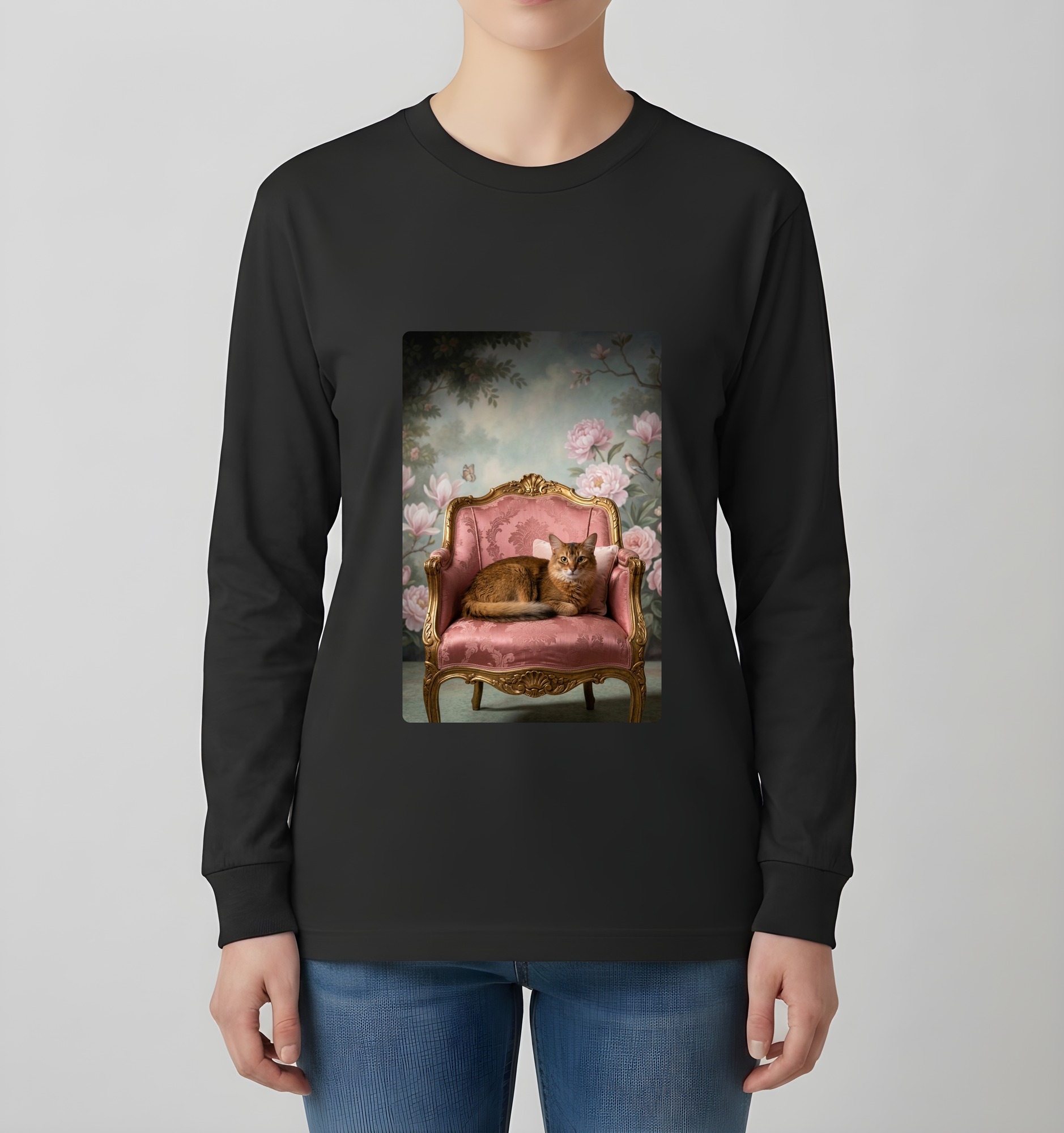 ソマリのシャビーピンクの油絵風アートロココ調長袖Tシャツ(ブラック)(4枚目)