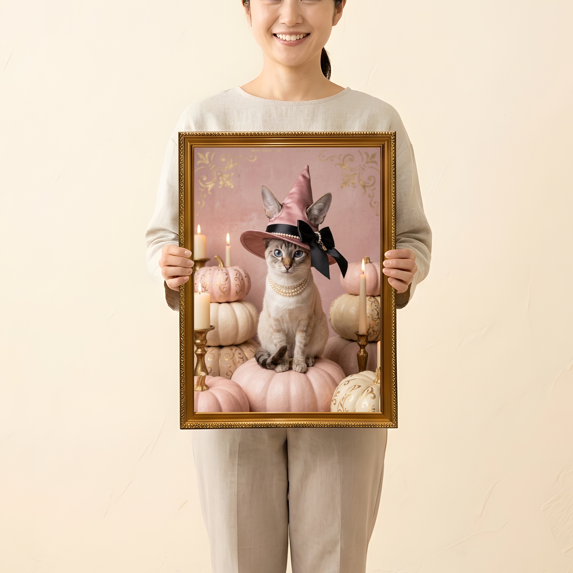 トンキニーズのかぼちゃとキャンドルの油絵風アートハロウィン額装プリント（A3サイズ）（2枚目）