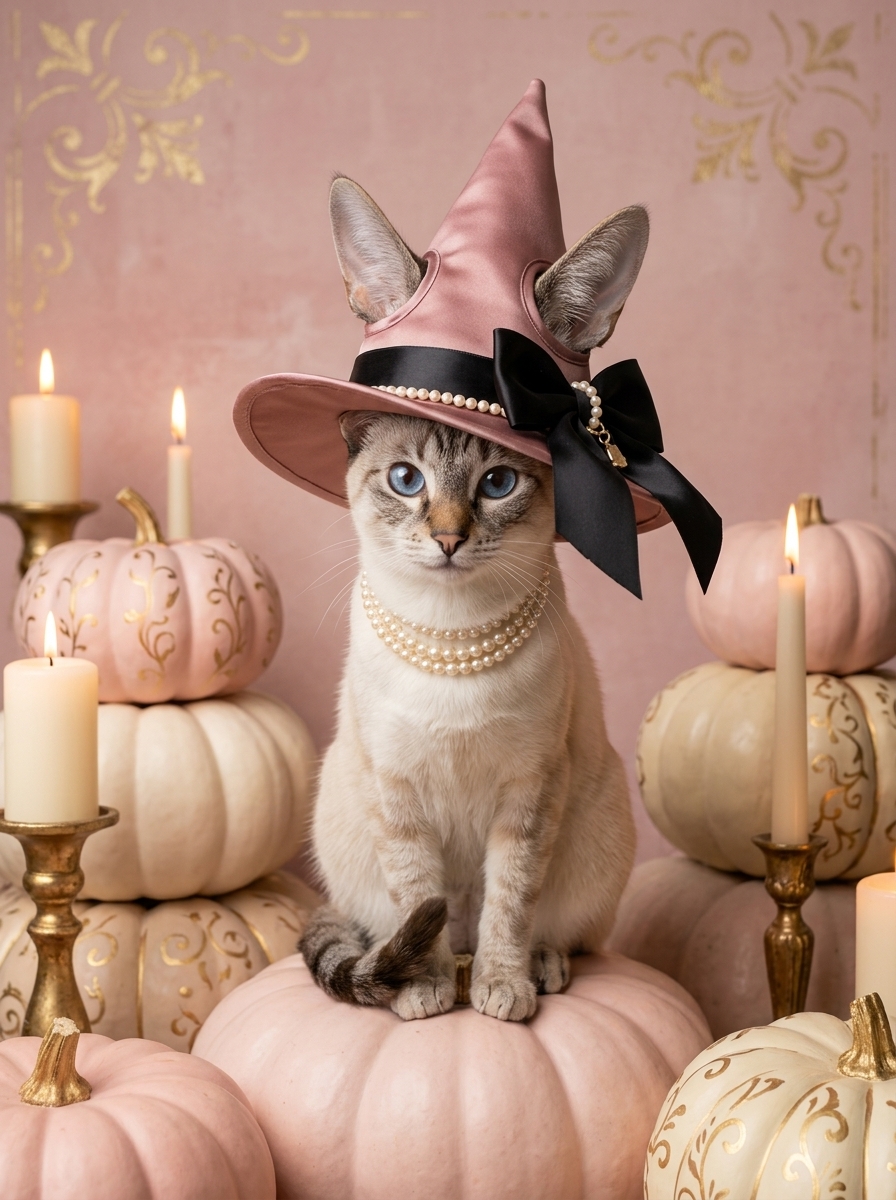 トンキニーズのかぼちゃとキャンドルの油絵風アートハロウィン額装プリント（A3サイズ）（4枚目）