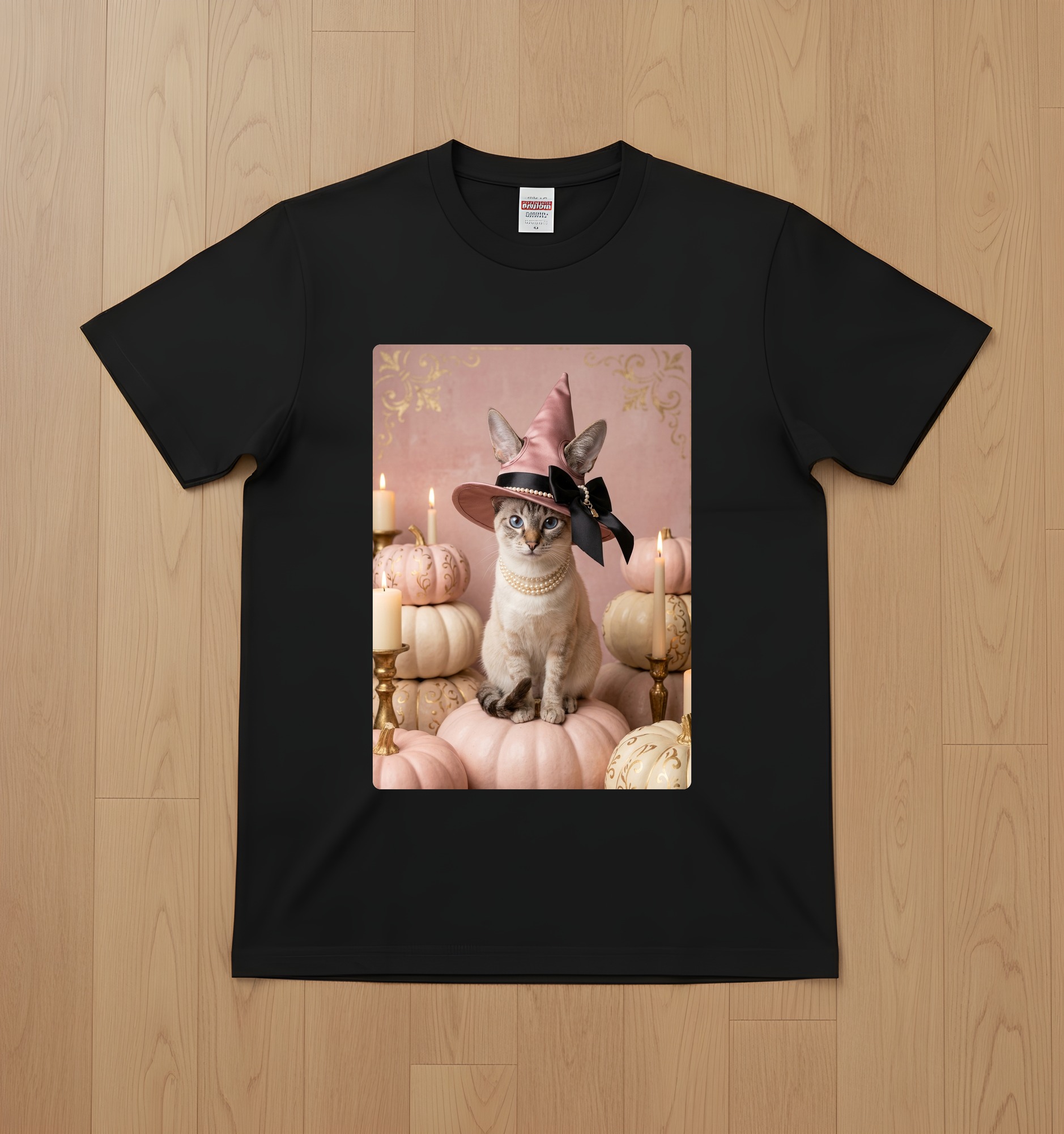 トンキニーズのかぼちゃとキャンドルの油絵風アートハロウィンTシャツ(ブラック)