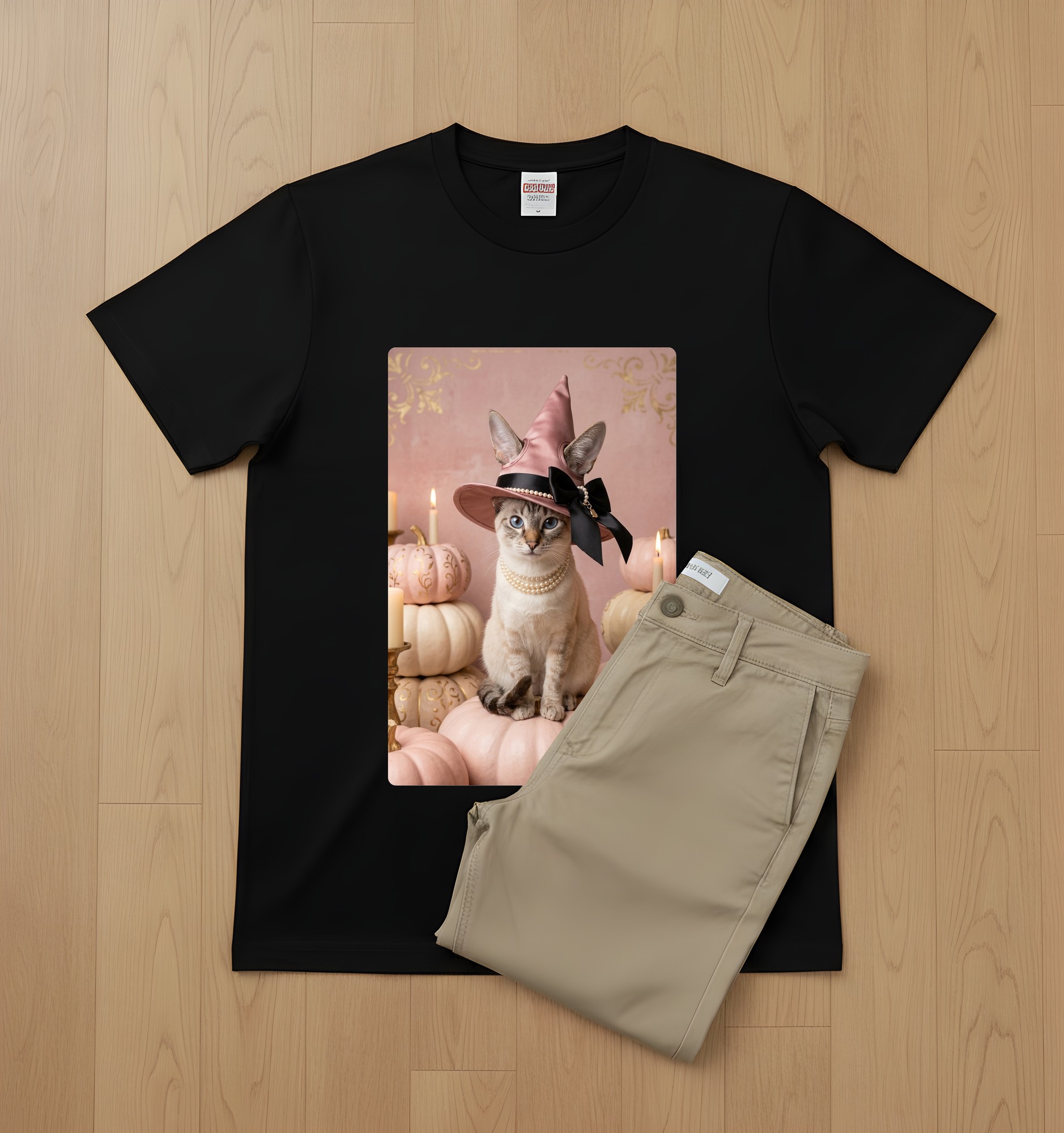 トンキニーズのかぼちゃとキャンドルの油絵風アートハロウィンTシャツ(ブラック)(2枚目)
