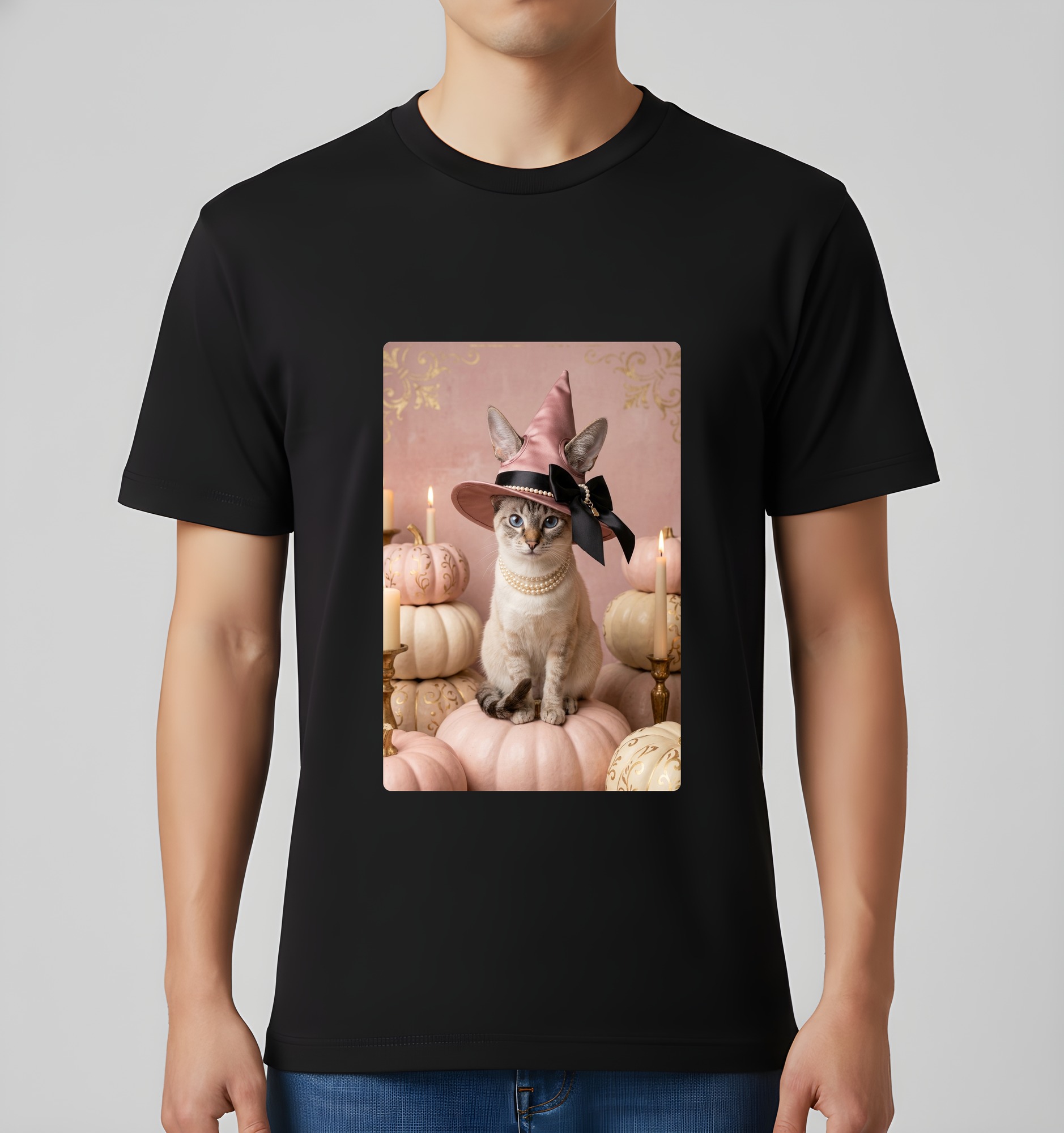 トンキニーズのかぼちゃとキャンドルの油絵風アートハロウィンTシャツ(ブラック)(3枚目)