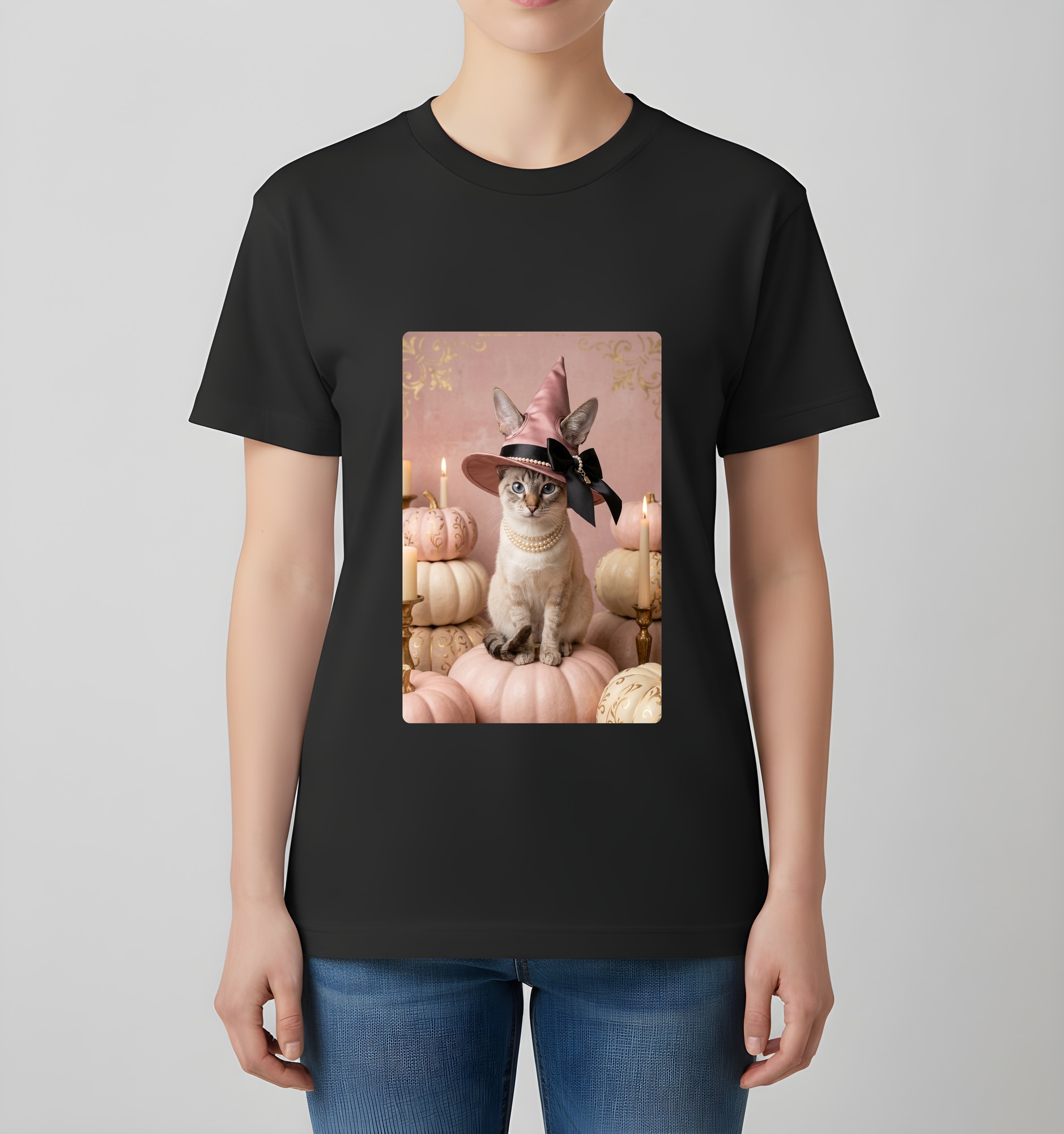トンキニーズのかぼちゃとキャンドルの油絵風アートハロウィンTシャツ(ブラック)(4枚目)
