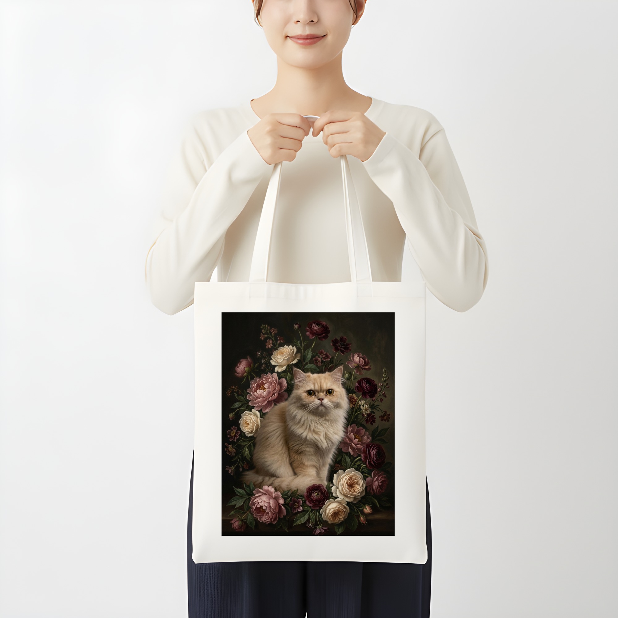 チンチラペルシャの花の油絵風アート花柄トートバッグ(3枚目)