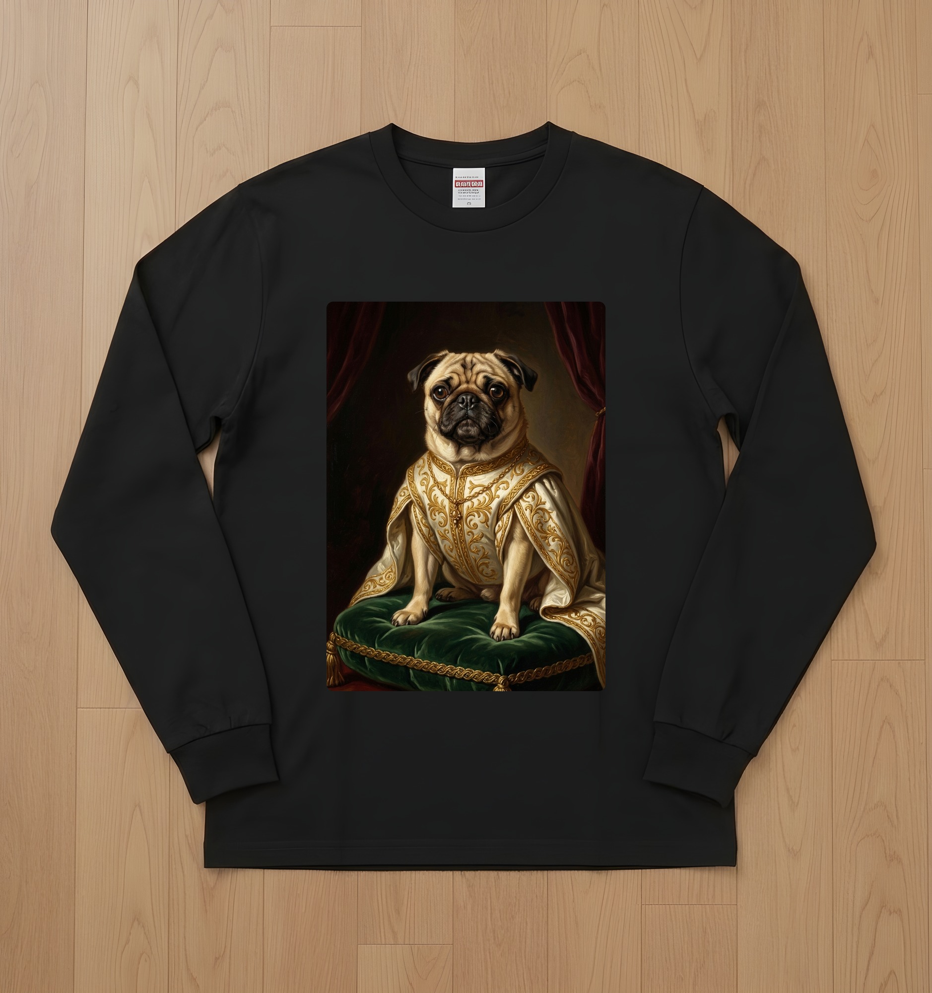 パグのルネサンス肖像画長袖Tシャツ(ブラック)